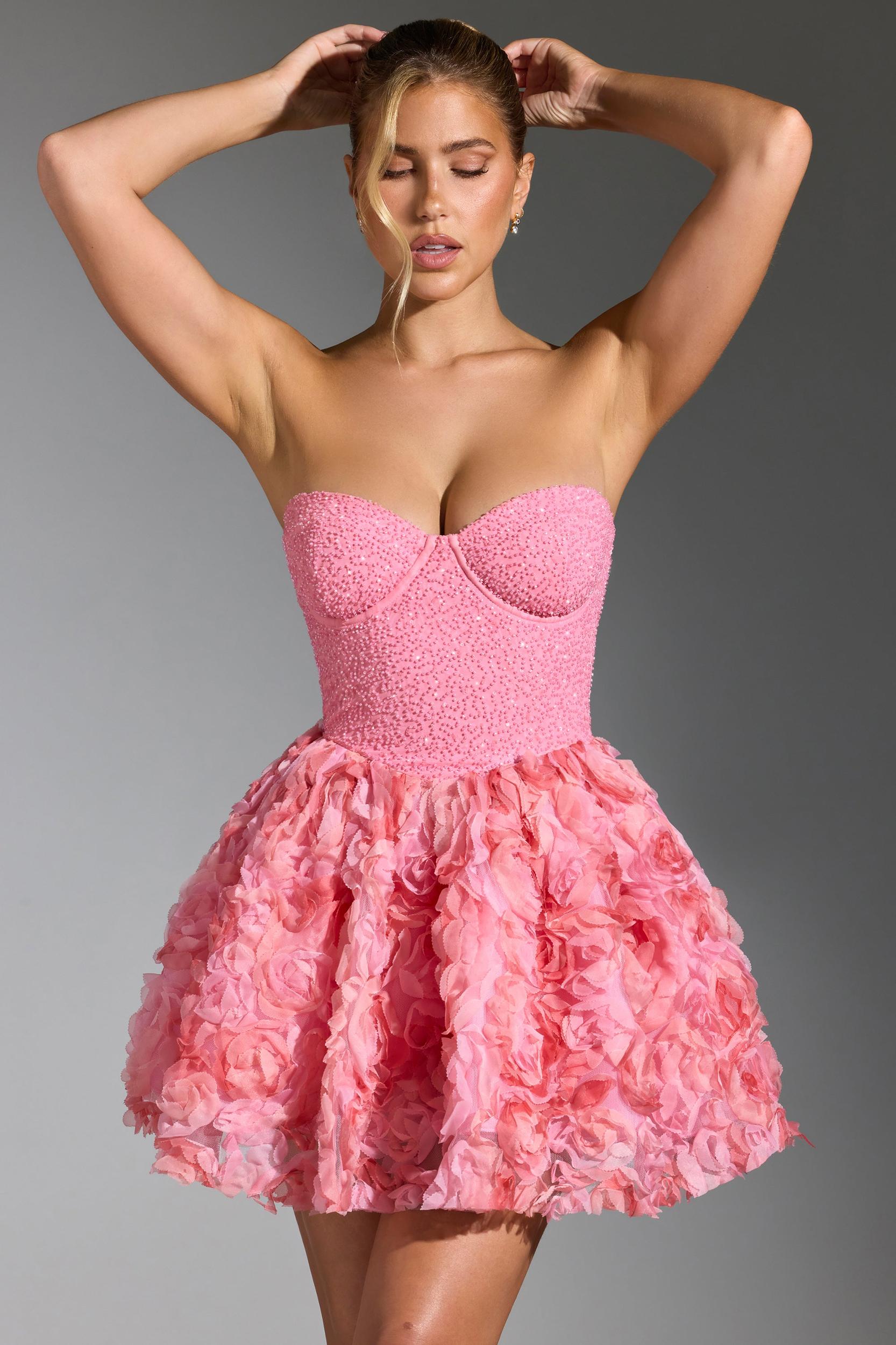 Embellished Floral-Appliqué Lace-Up Mini Dress in Pink Product Image