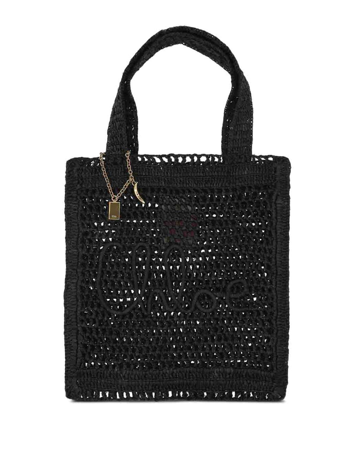 CHLOÉ Summer Banana Embellished Crocheted Embroidered Faux Raffia Tote In Black Product Image
