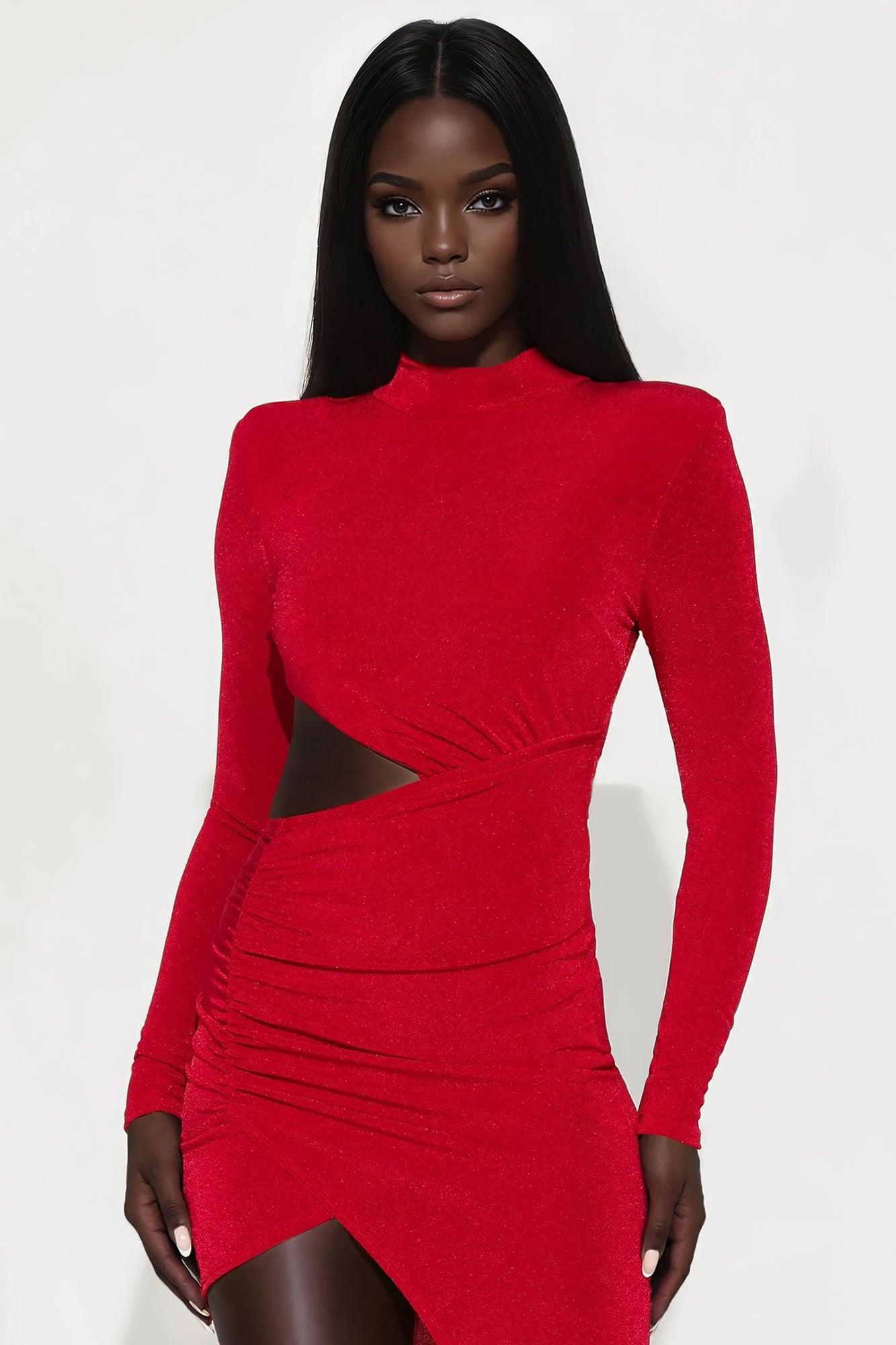 Amari Long Sleeve Slinky Maxi Dress - Red Female Product Image