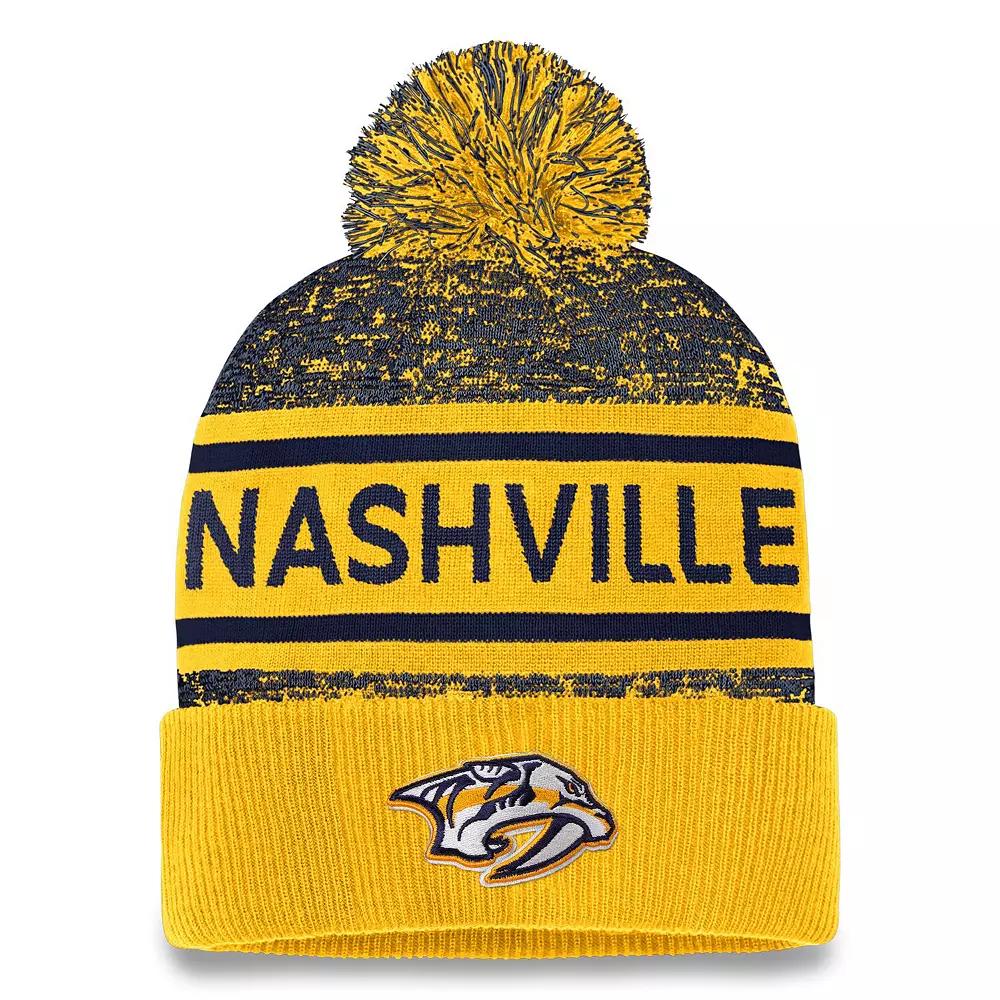 Men's Fanatics Branded Gold/Navy Nashville Predators Authentic Pro Cuffed Knit Hat with Pom, Pdt Gold Product Image