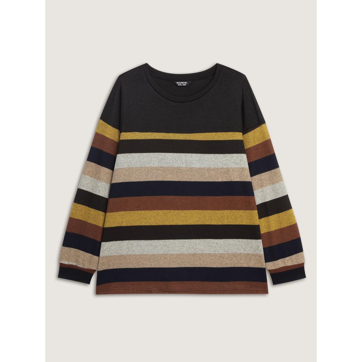 Plus Size Stretchy Colorful Stripe Relaxed-Fit T-Shirt Multicolor Women Leisure Contrast Round Neck Casual T-shirts BloomChic 14-16/1X Product Image