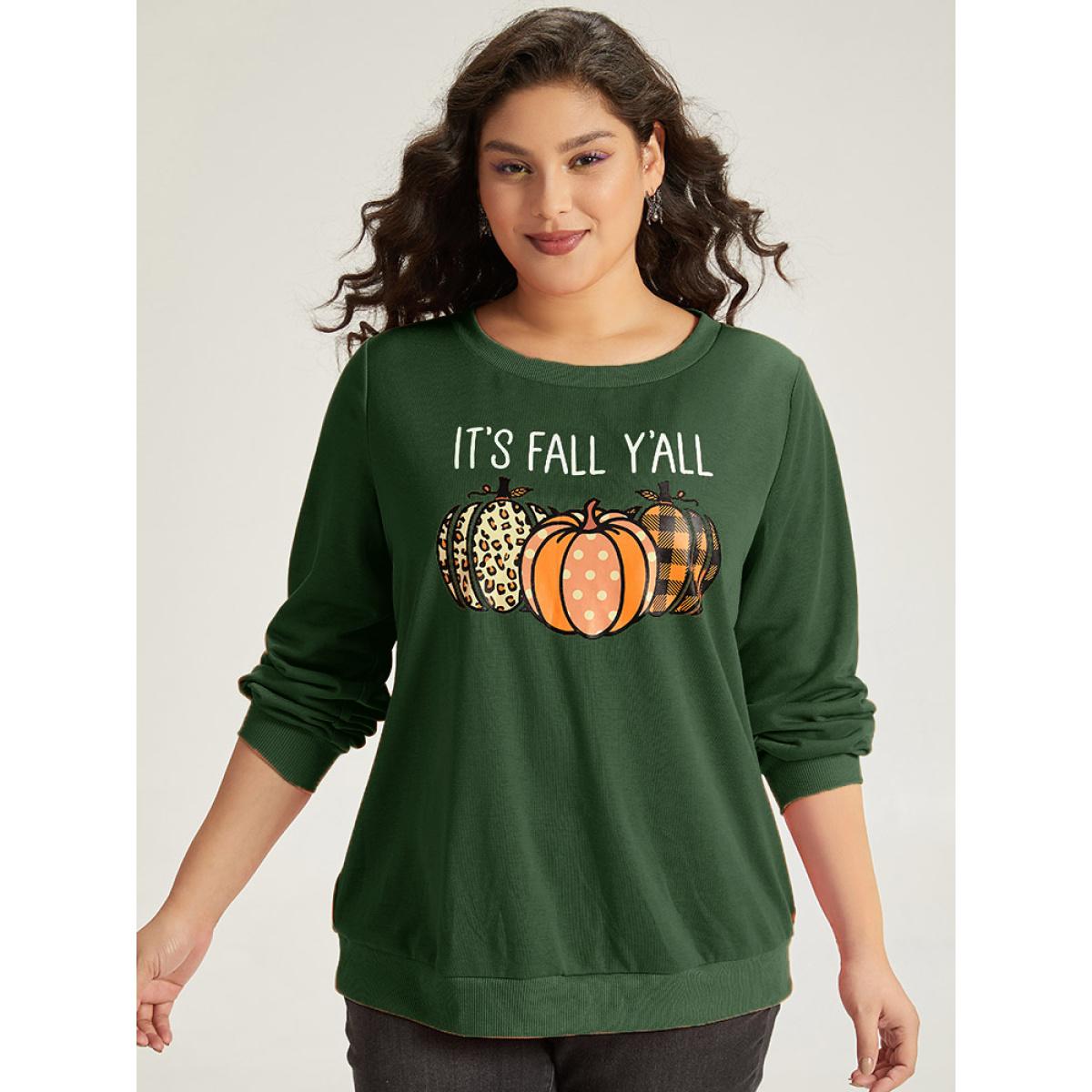 Plus Size Halloween Pumpkin Crew Neck Elastic Cuffs Sweatshirt Women Green Casual Elastic cuffs Festival-Halloween Sweatshirts BloomChic 14-16/1X Product Image