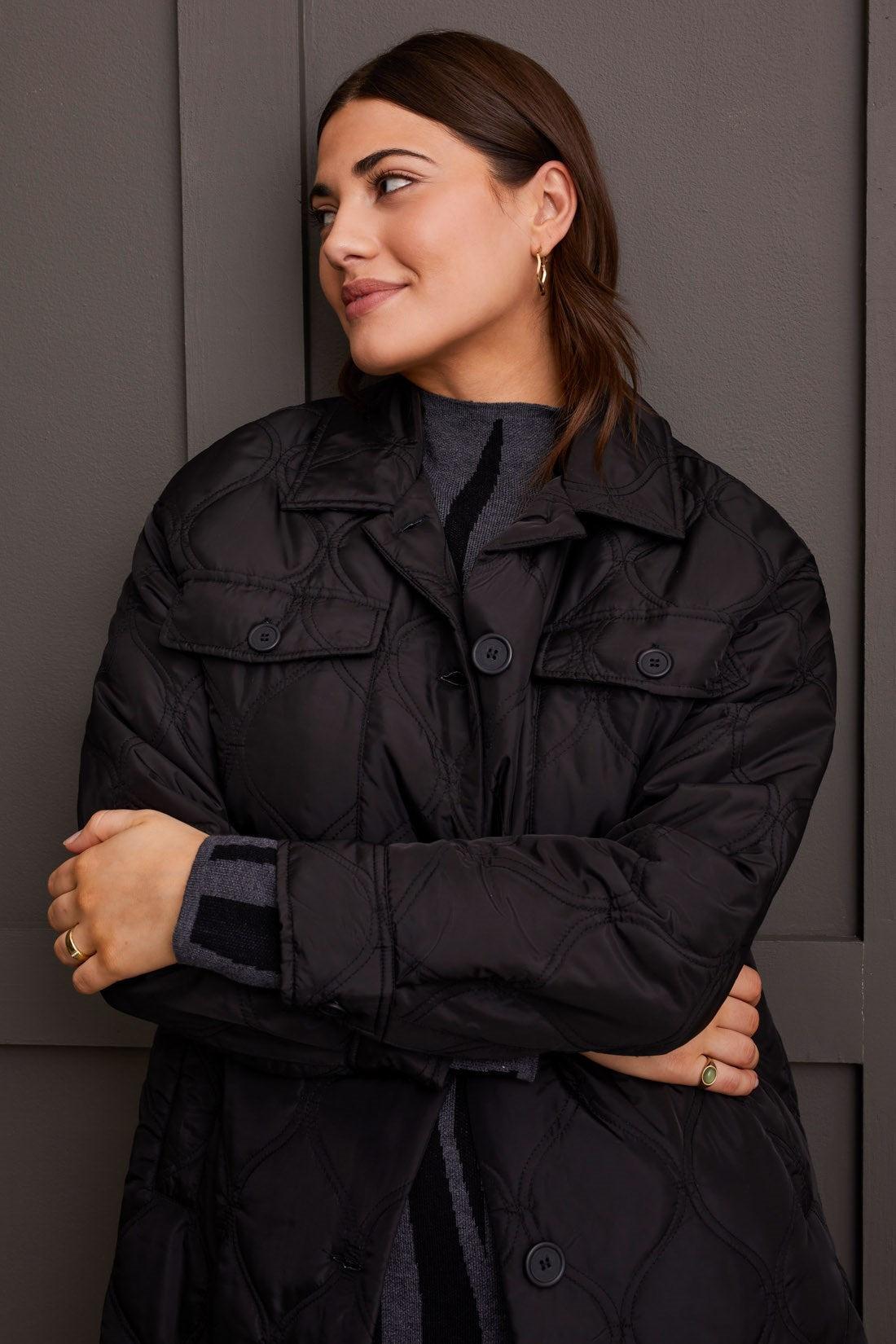 Long Quilted Button Up Jacket w/ Pockets- Black Product Image
