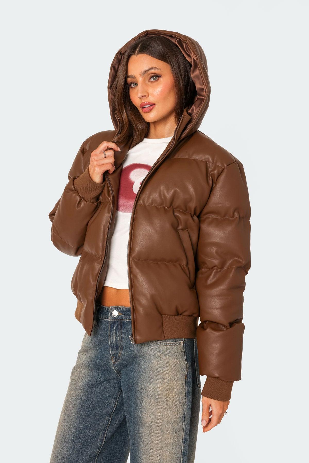 Wintry Faux Leather Hooded Puffer Product Image