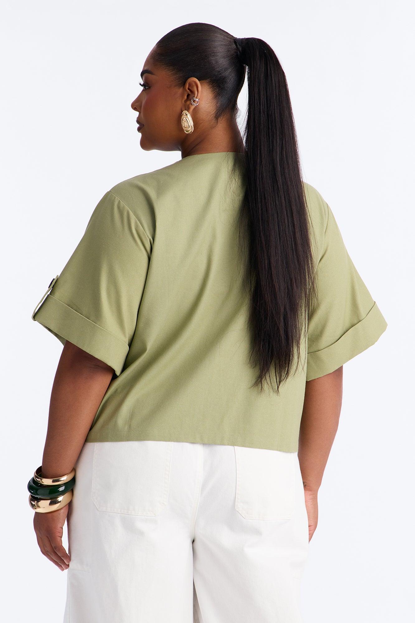 Ready When You Are Cuffed Linen Top - Olive Female Product Image