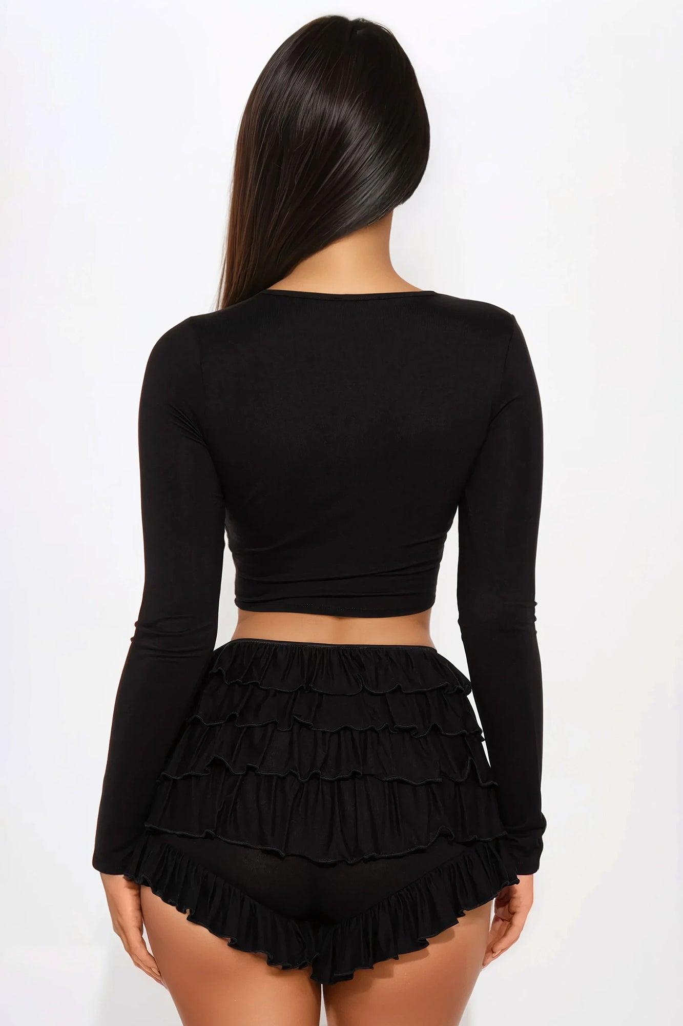 Raya Long Sleeve Ruffle Short Set - Black Product Image