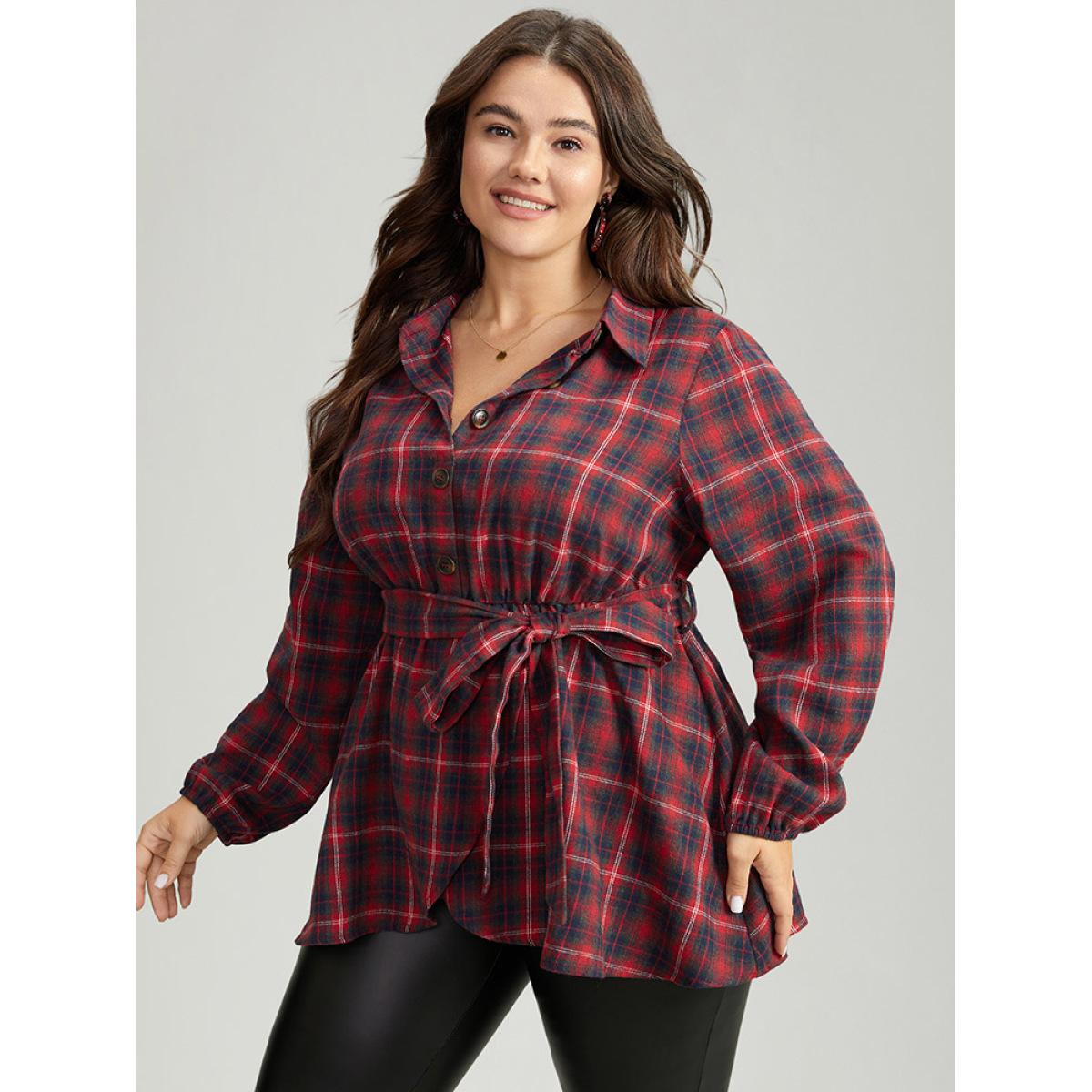 Plus Size Raspberry Plaid Shirt Collar Belted Button Through Blouse Women Elegant Long Sleeve Shirt collar Festival-Christmas Blouses BloomChic 12/L Product Image