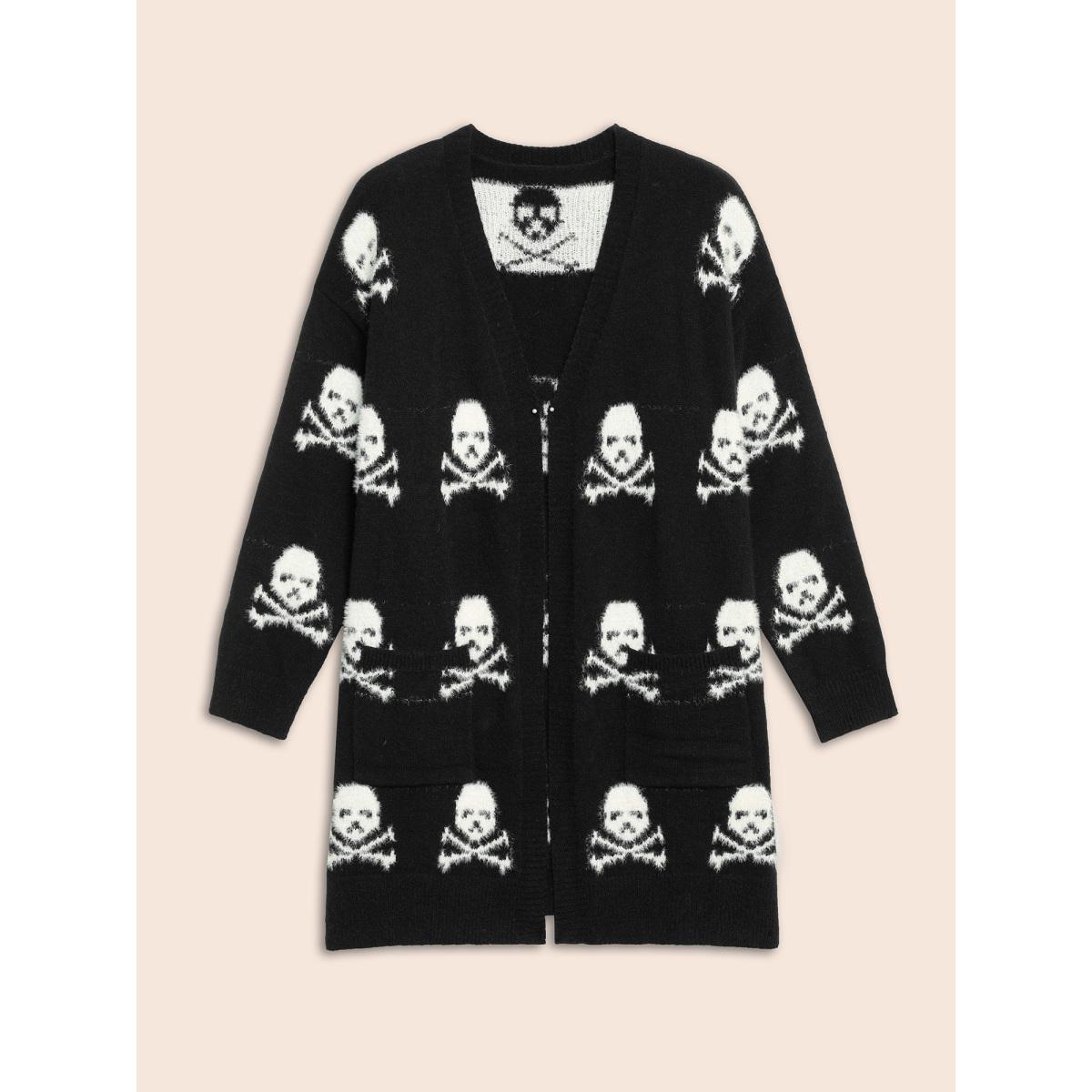 Plus Size Skull Pattern Plus Jacquard Open Cardigan Black Women Casual Loose Long Sleeve Everyday Cardigans BloomChic 18-20/2X Product Image