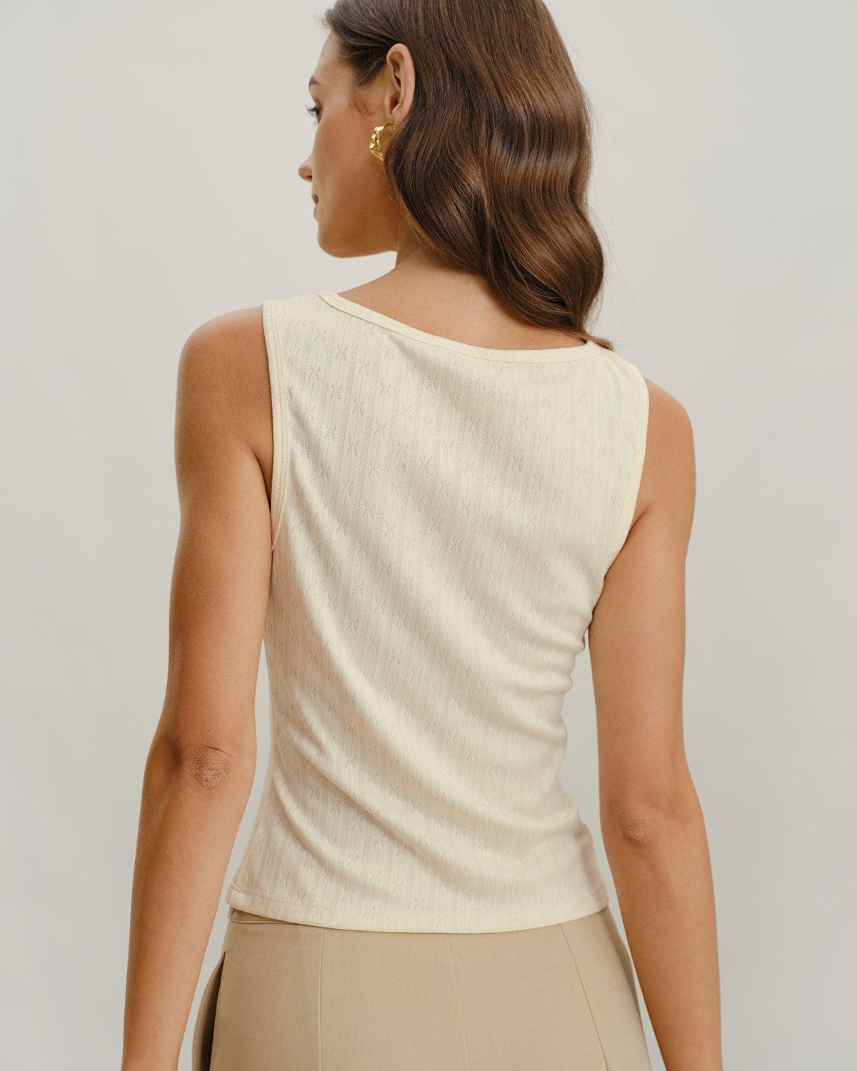Beige Boat Neck Ribbed Knit Tank Top Product Image