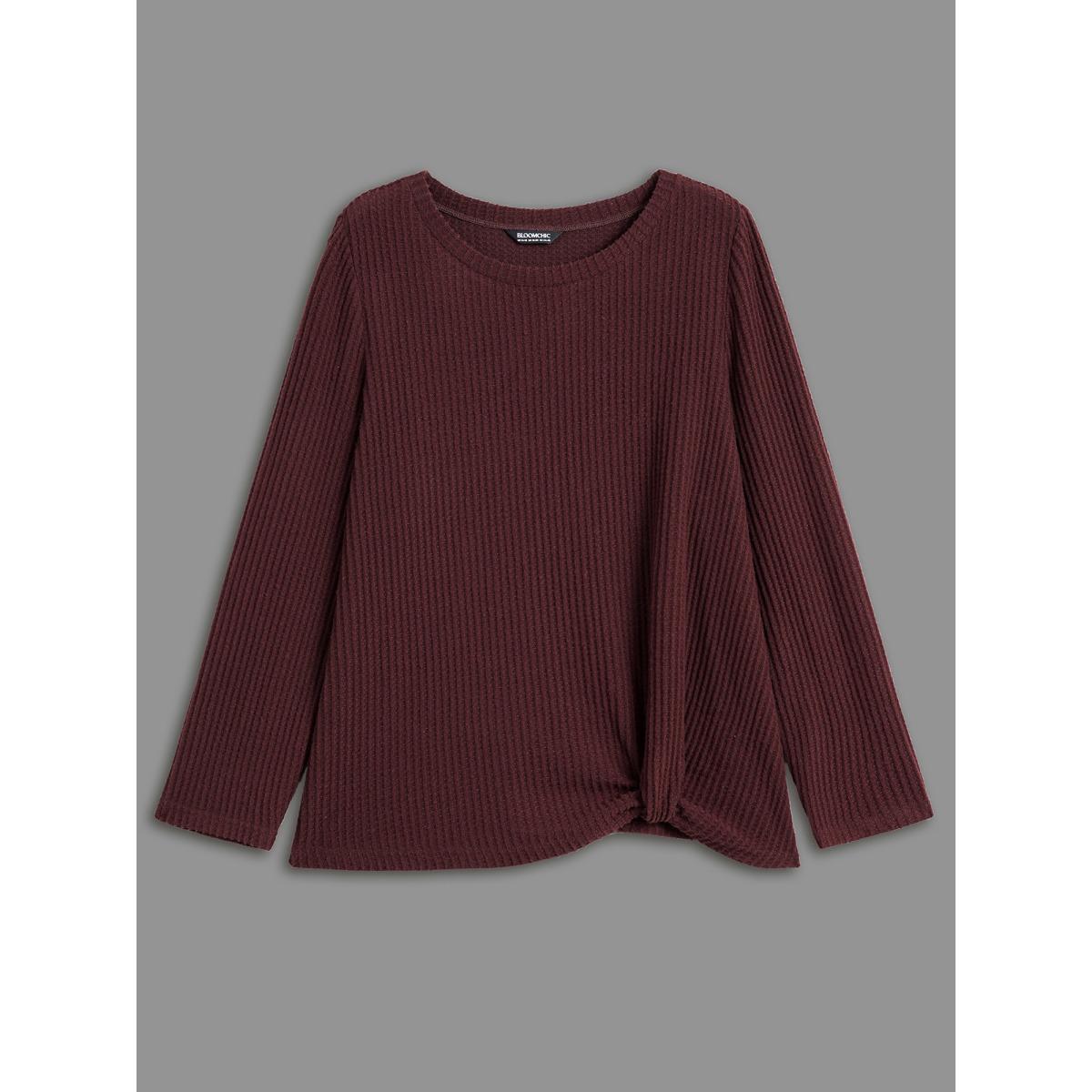 Plus Size Round Neck Waffle Knit Twist Front T-shirt Deepred Women Casual Twist Round Neck Everyday T-shirts BloomChic 28/5X Product Image