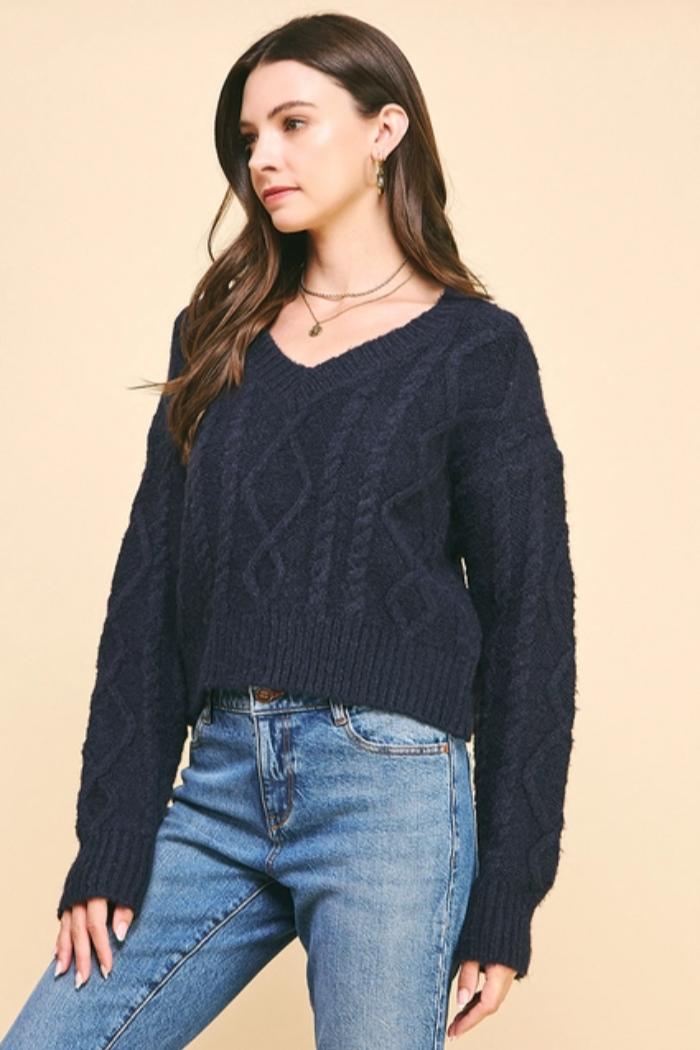 Textured Cable Knit Crop Sweater Product Image