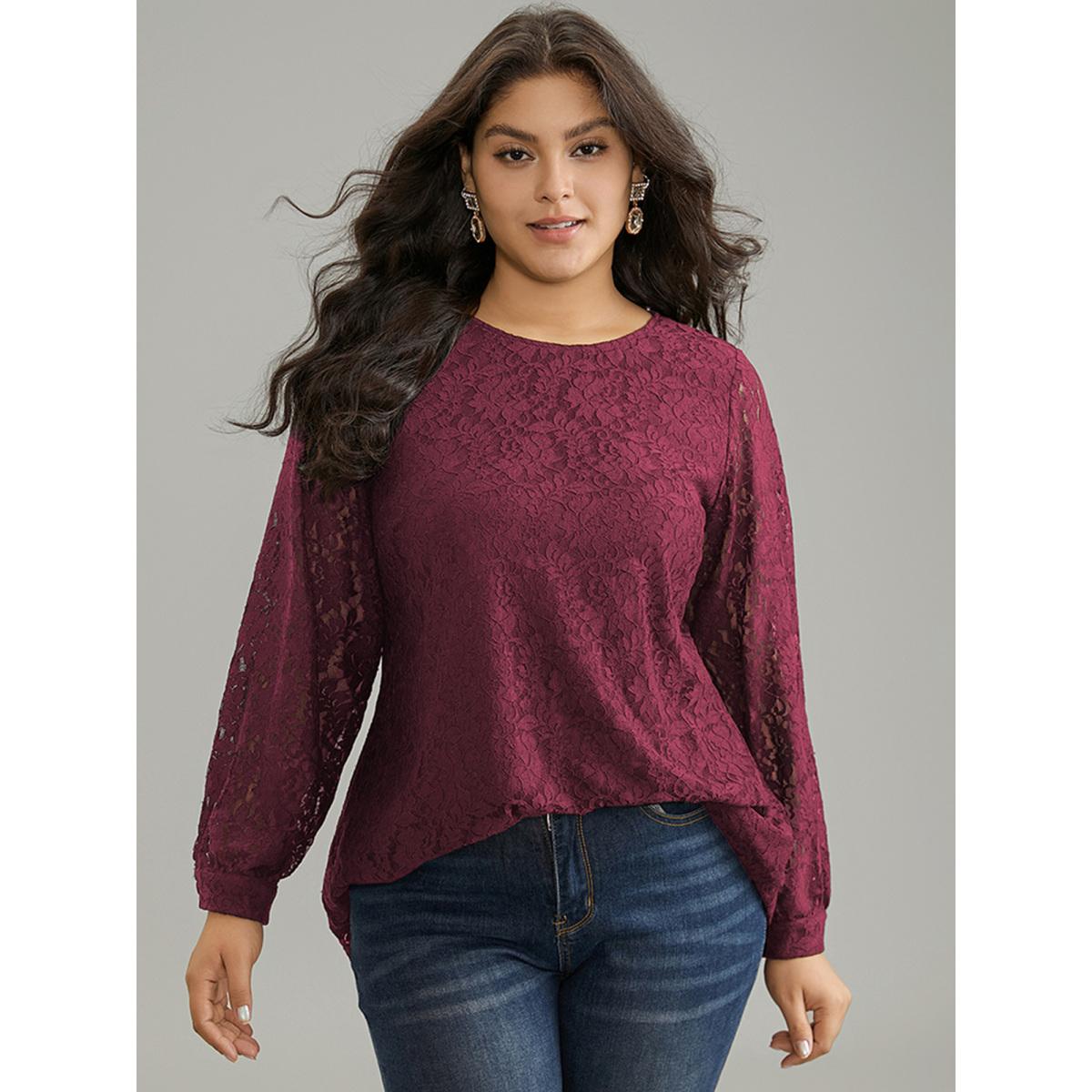 Plus Size Purple Solid Crochet Lace Mesh Crew Neck Blouse Women Timeless Long Sleeve Round Neck Elegant Blouses BloomChic 22-24/3X Product Image