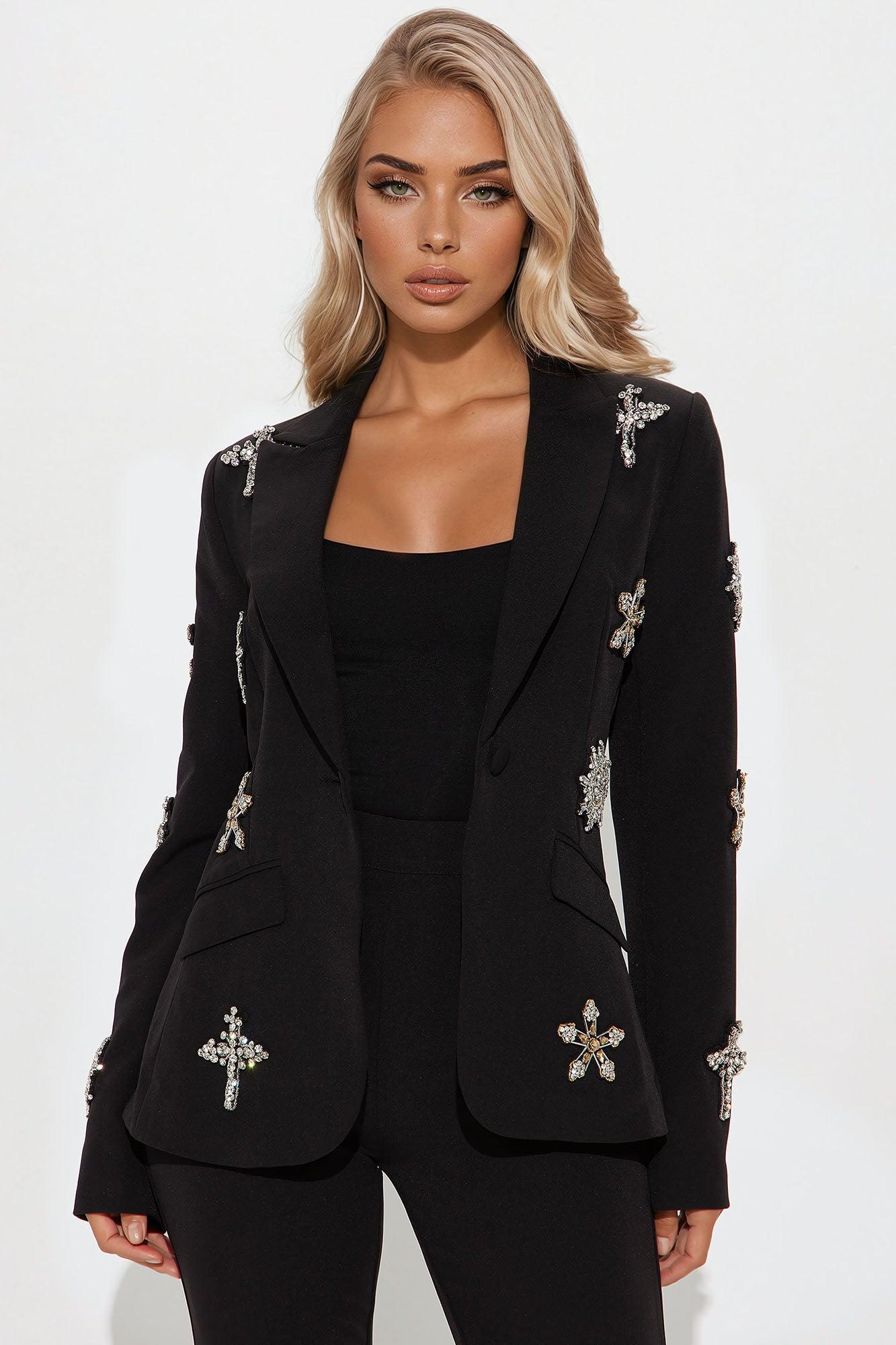 Star Studded Blazer Pant Set - Black Product Image