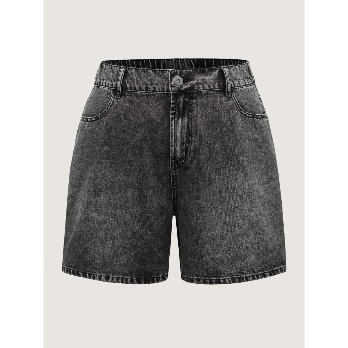 Plus Size Elastic Waistband Classic Cut Denim Shorts Women Denimcharcoal Non Mid Rise No stretch Casual Slanted pocket Leisure Denim Shorts BloomChic 10/M Product Image