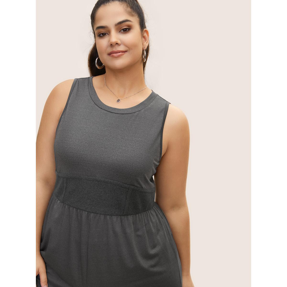 Plus Size DimGray Rib Knit Patchwork Wide Leg Jumpsuit Women Casual Short sleeve Round Neck Everyday Loose Jumpsuits BloomChic 30/6X Product Image