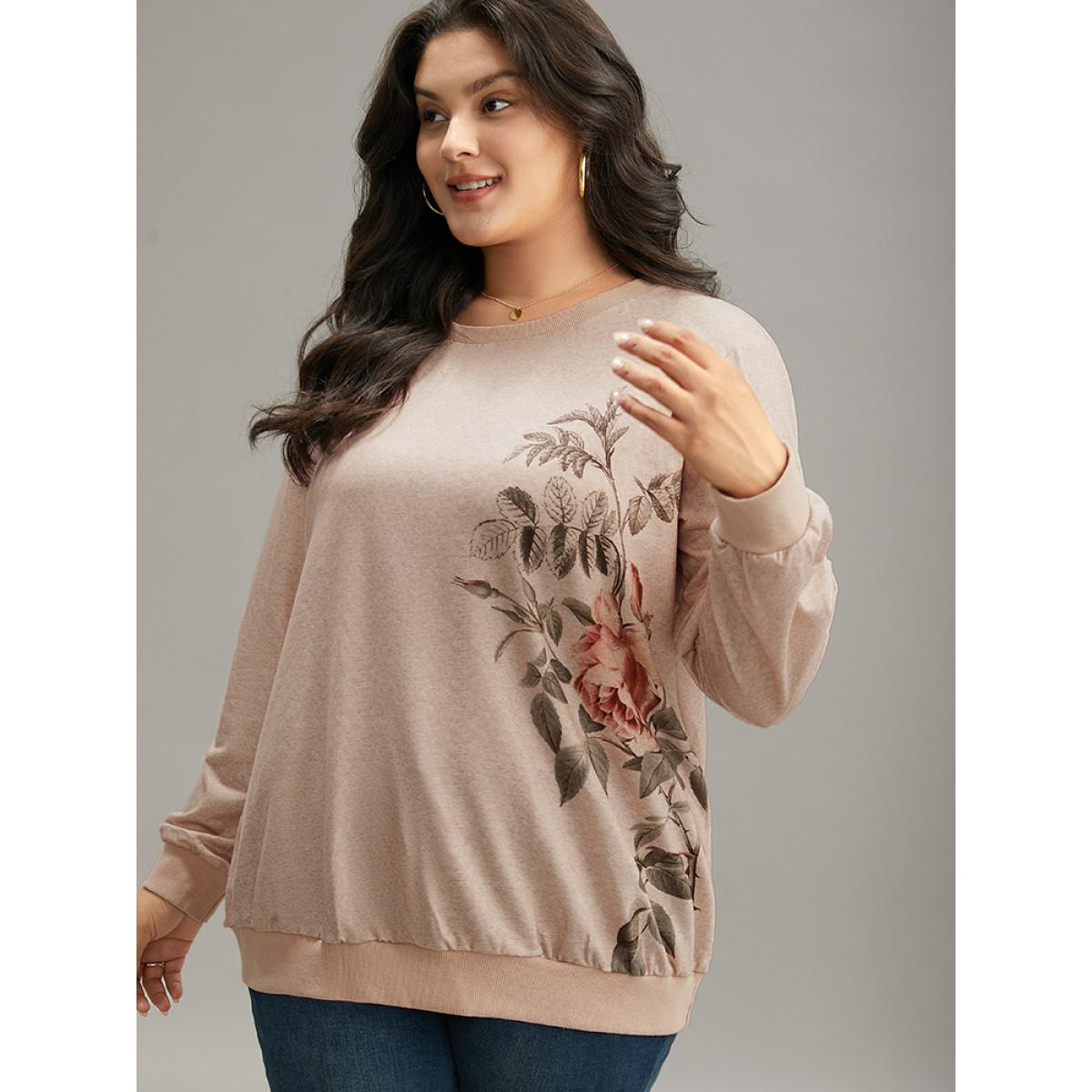 Plus Size Floral Print Elastic Cuffs Sweatshirt Women LightBrown Casual Elastic cuffs Round Neck Dailywear Sweatshirts BloomChic 26/4X Product Image