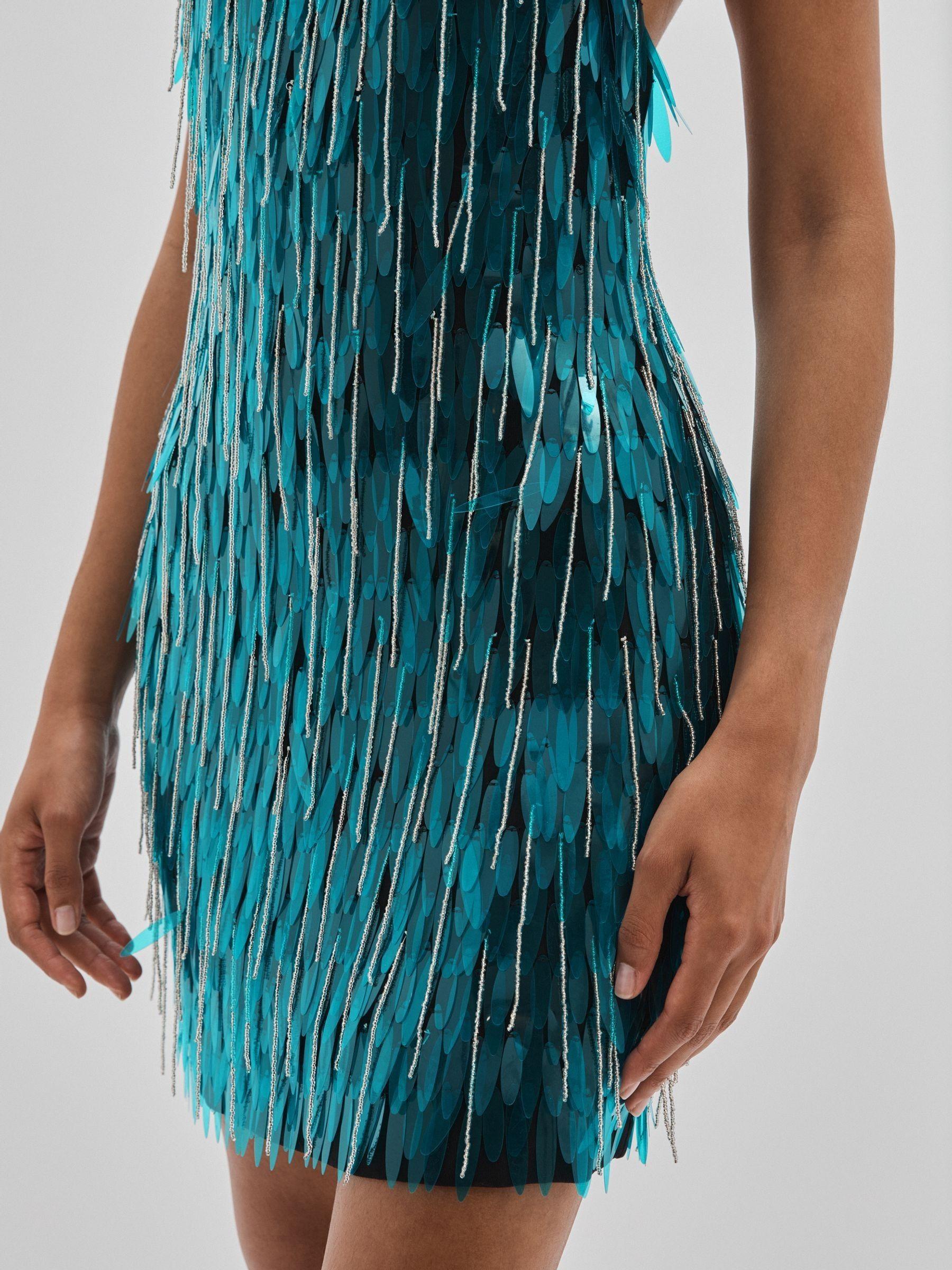 ILTA Sequinned and Beaded Halter-Neck Dress in Turquoise Product Image