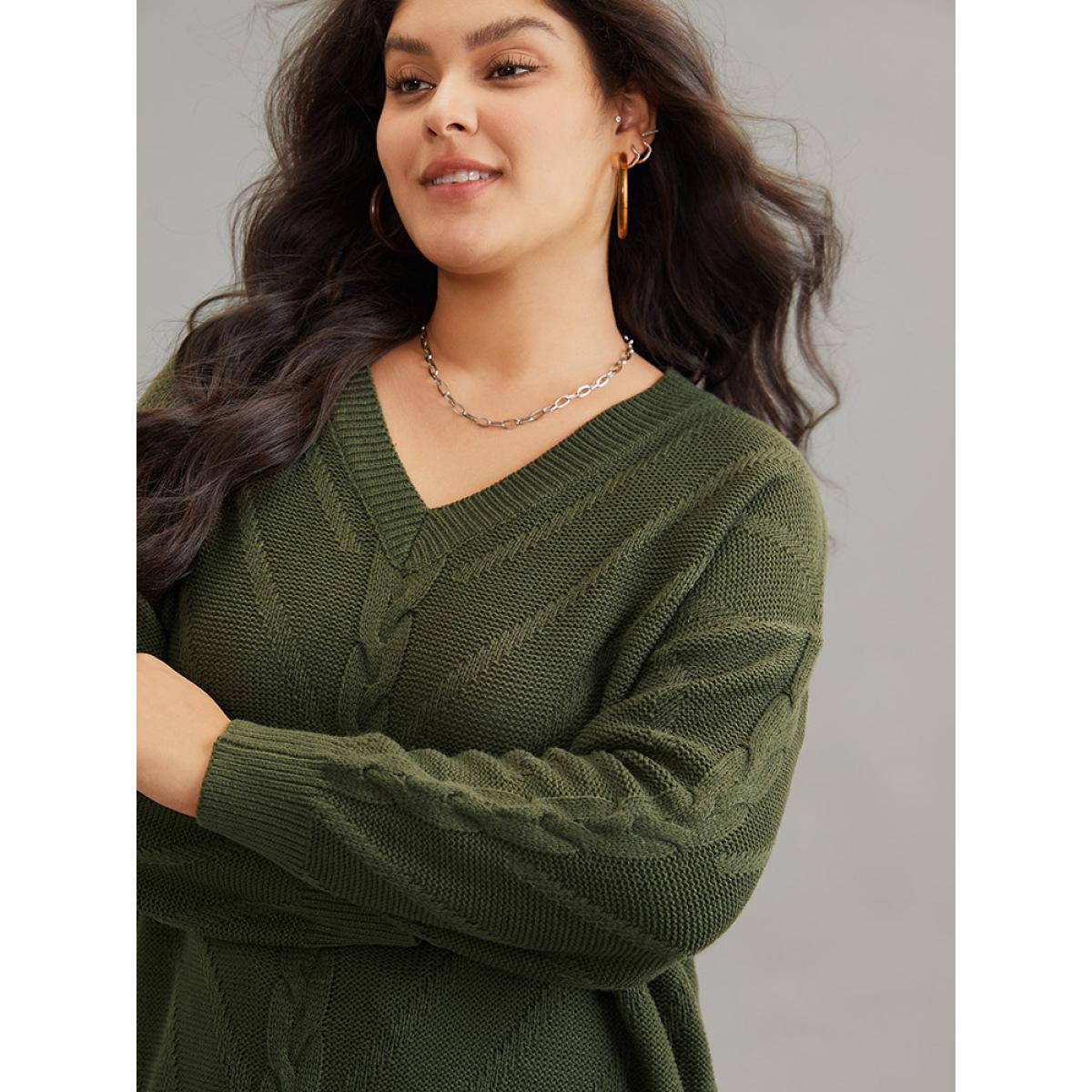 Plus Size Cable Knit Plisse Moderately Stretchy Pullover ArmyGreen Women Casual Loose Long Sleeve V-neck Dailywear Pullovers BloomChic 12/L Product Image