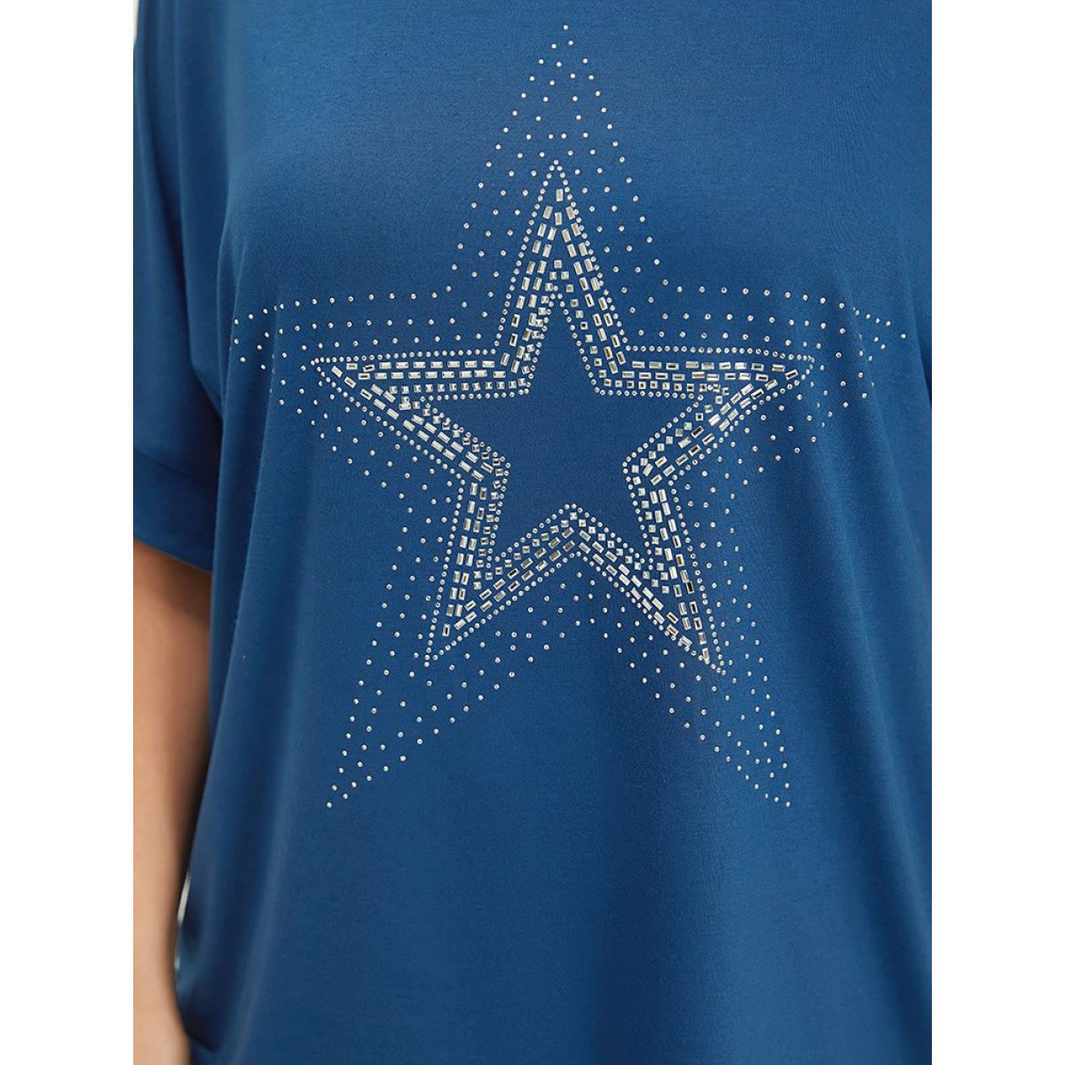 Plus Size Star Rhinestone Crew Neck Roll Batwing Sleeve T-shirt Indigo Women Casual Plain Star and moon Dailywear T-shirts BloomChic 10/M Product Image