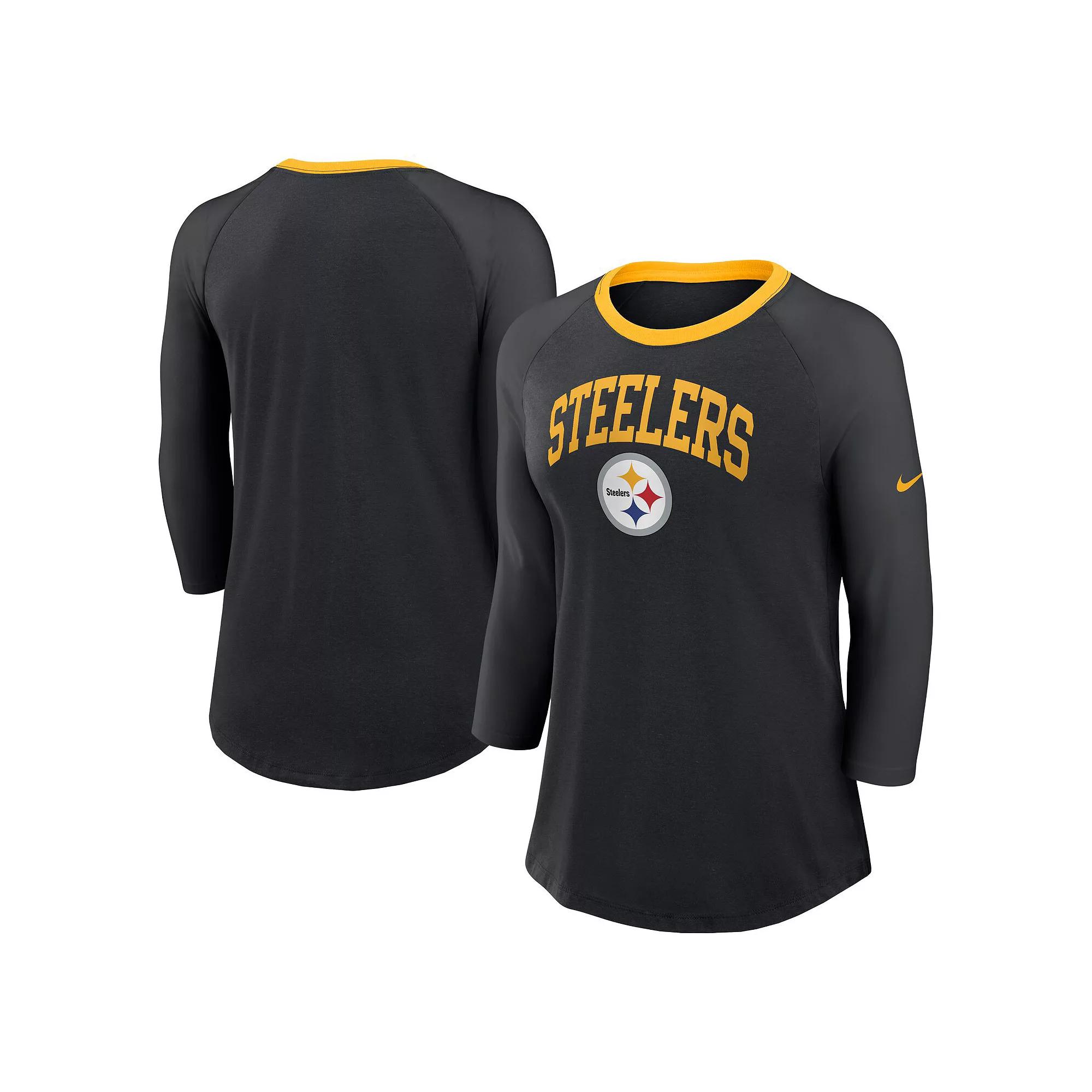 Women's Nike Black Pittsburgh Steelers Raglan 3/4 Sleeve T-Shirt,  Product Image