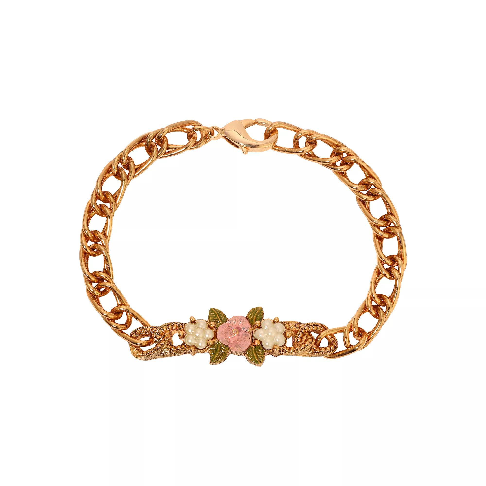 1928 Gold Tone Faux Pearl Pink Flower Link Bracelet, Womens Product Image