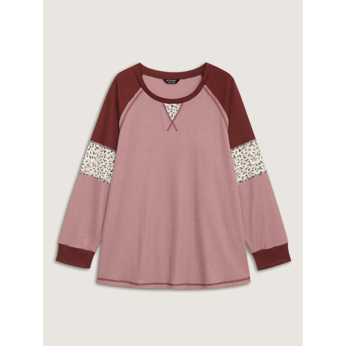 Plus Size Color Contrast Waffle Knit T-Shirt Lilac Women Leisure Topstitching Round Neck Casual T-shirts BloomChic 14-16/1X Product Image