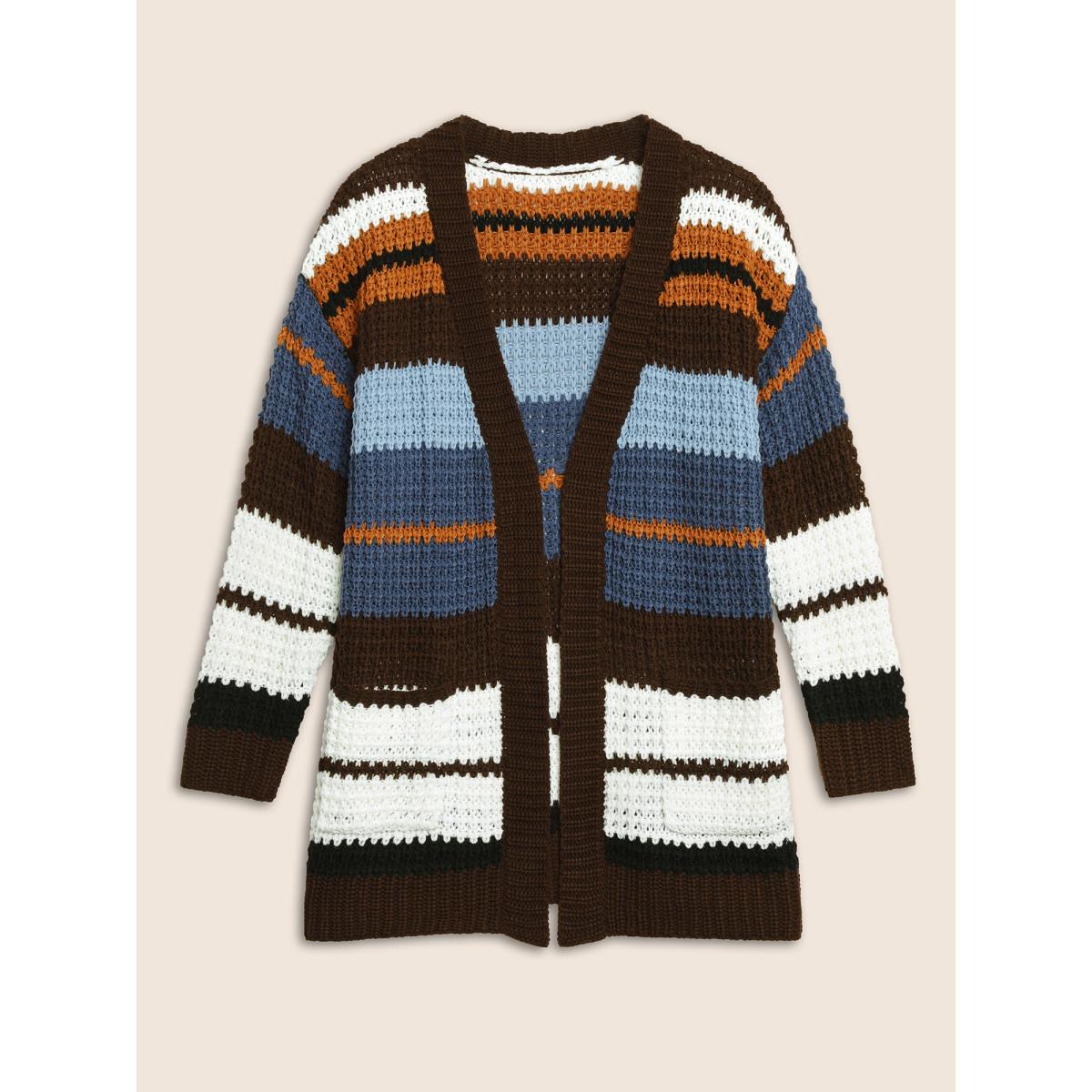 Plus Size Colorblock Contrast Patched Pocket Cardigan DarkBrown Women Casual Loose Long Sleeve Everyday Cardigans BloomChic 26/4X Product Image