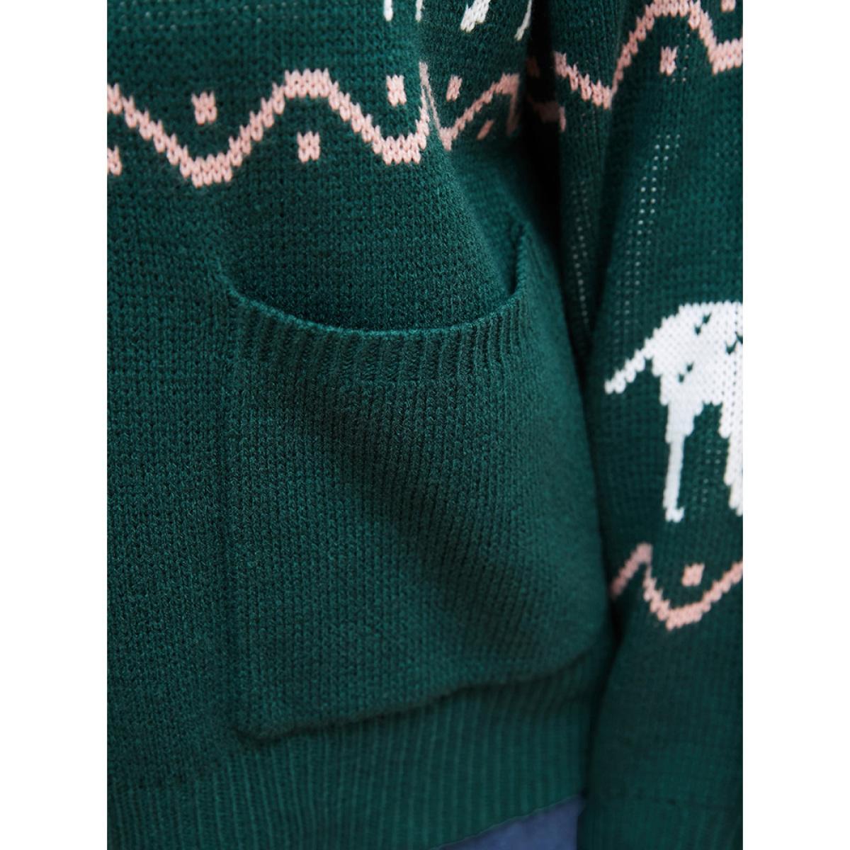 Plus Size Elk Print Pointelle Knit Pocket Jacquard Button Front Cardigan DarkGreen Women Casual Loose Long Sleeve Dailywear Cardigans BloomChic 30/6X Product Image