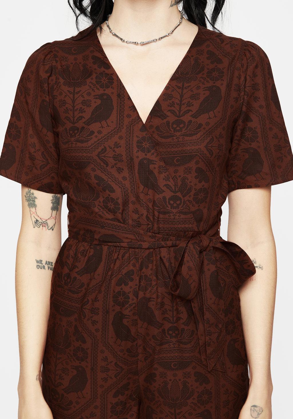 Annabel Raven Print Tie Waist Playsuit - Rust Product Image