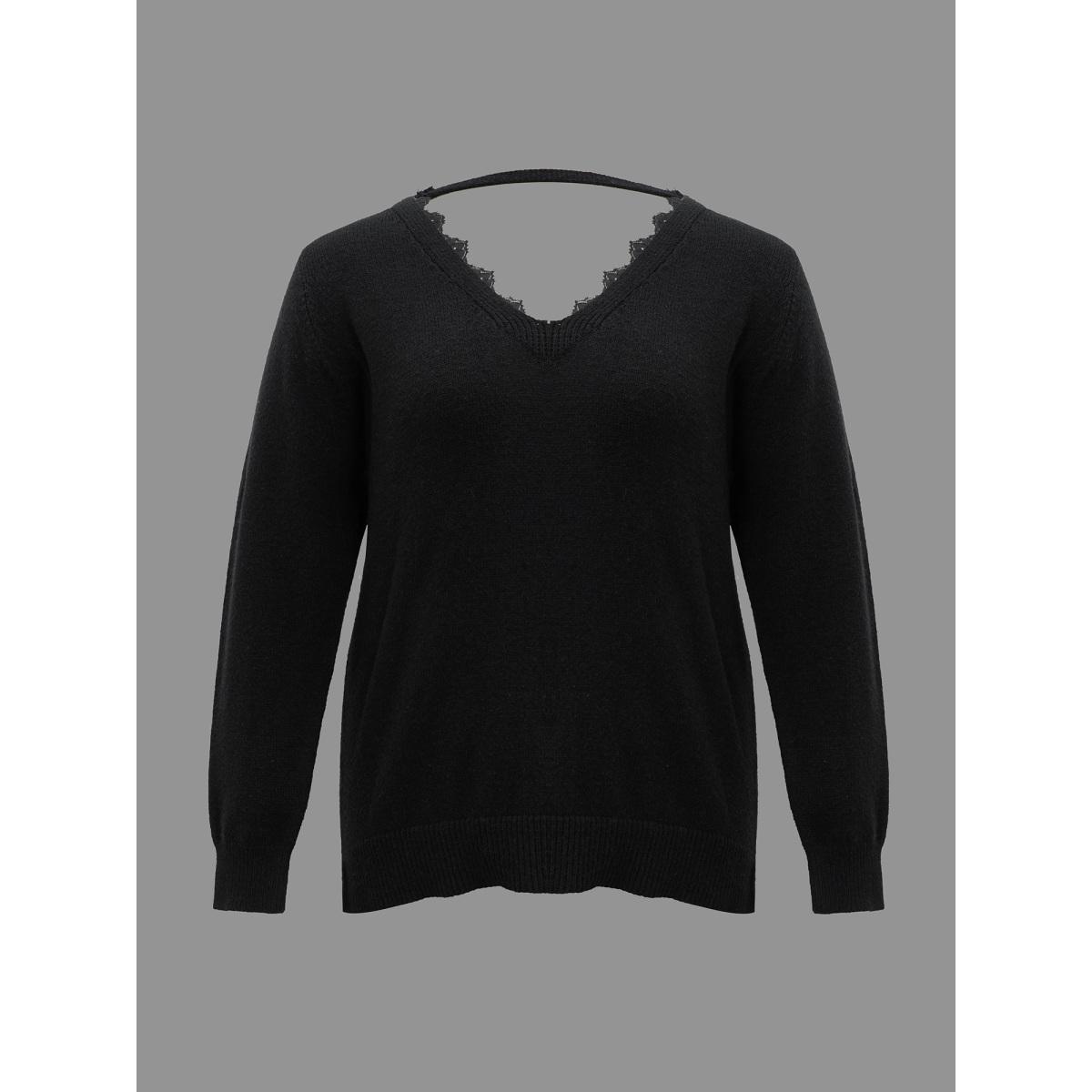 Plus Size V Neck Lace Patchwork Backless Pullover Black Women Elegant Long Sleeve V-neck Everyday Pullovers BloomChic 14-16/1X Product Image