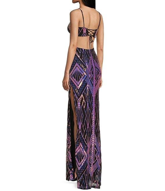 Honey and Rosie Patterned Sequin V-Neck Spaghetti Strap Tie Back Fitted Mermaid Gown Product Image
