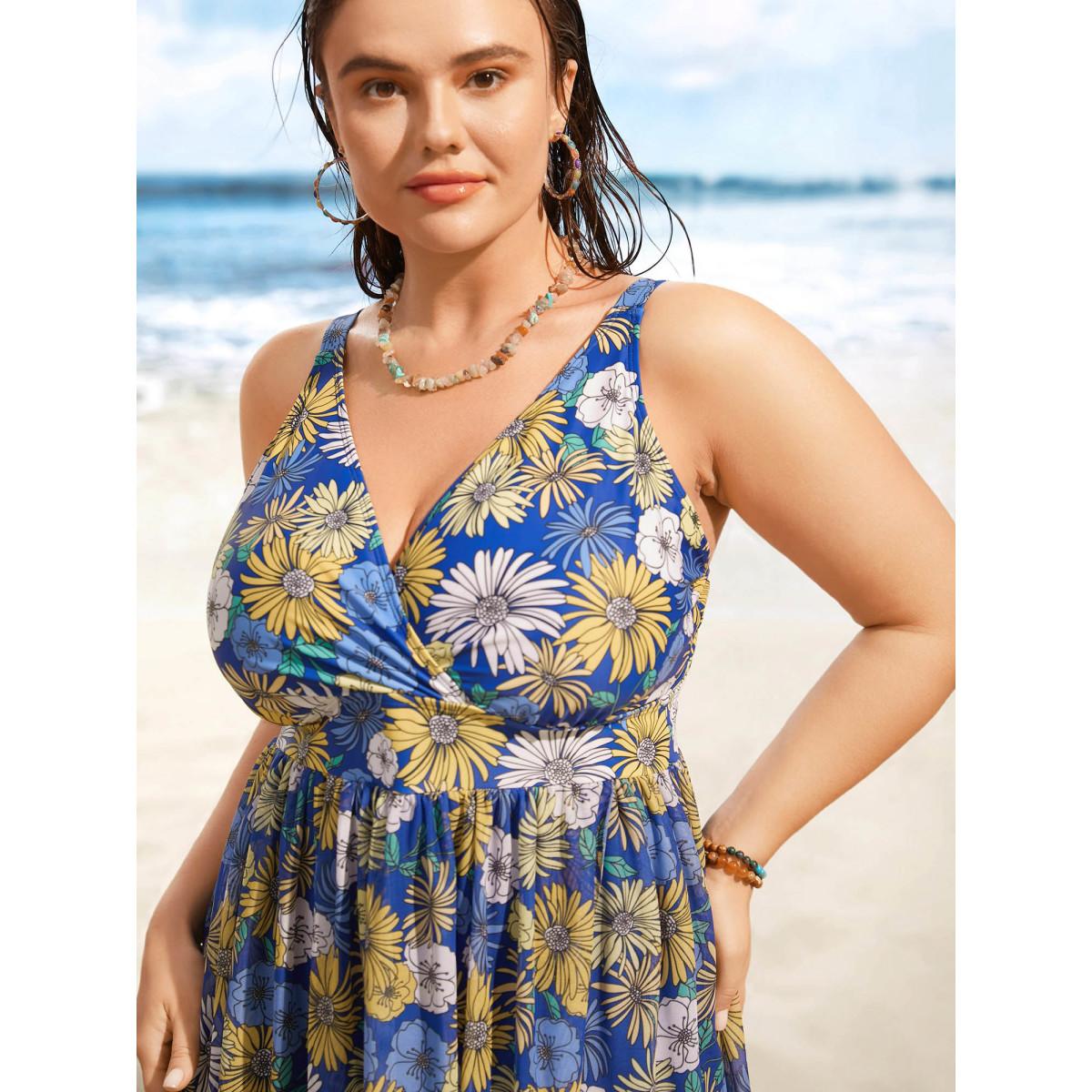 Plus Size Overlap Collar Floral Mesh Split Side Swim Dress Women's Swimwear Indigo Beach Bodycon Overlap Collar High stretch Curve Swim Dresses BloomChic 18-20/2X Product Image