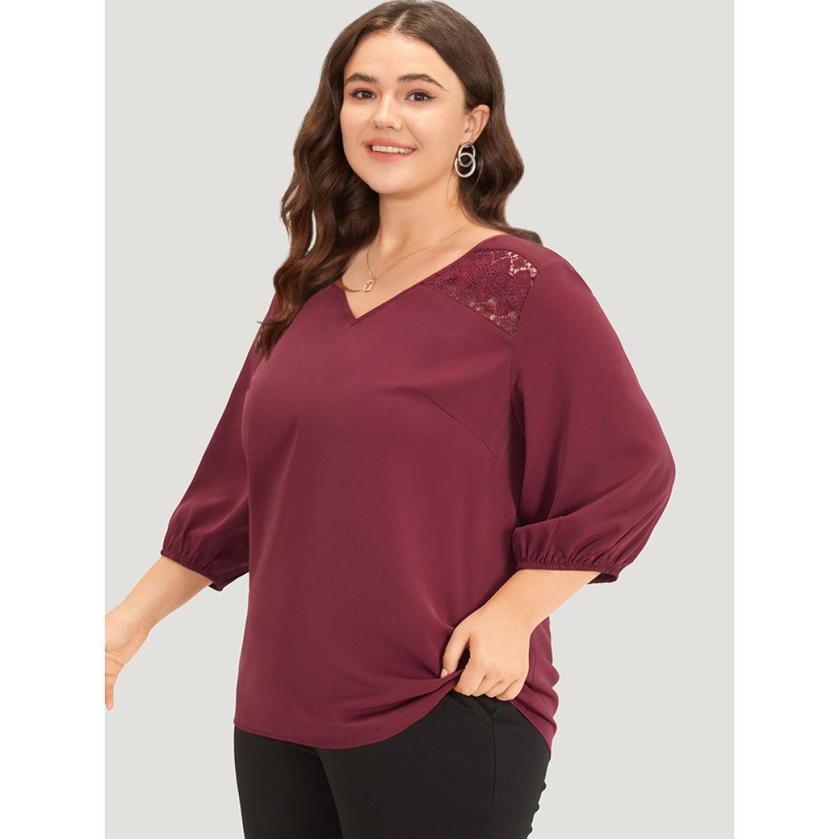 Plus Size Burgundy Solid Contrast Lace Lantern Sleeve Blouse Women Office Elbow-length sleeve V-neck Work Blouses BloomChic 26/4X Product Image