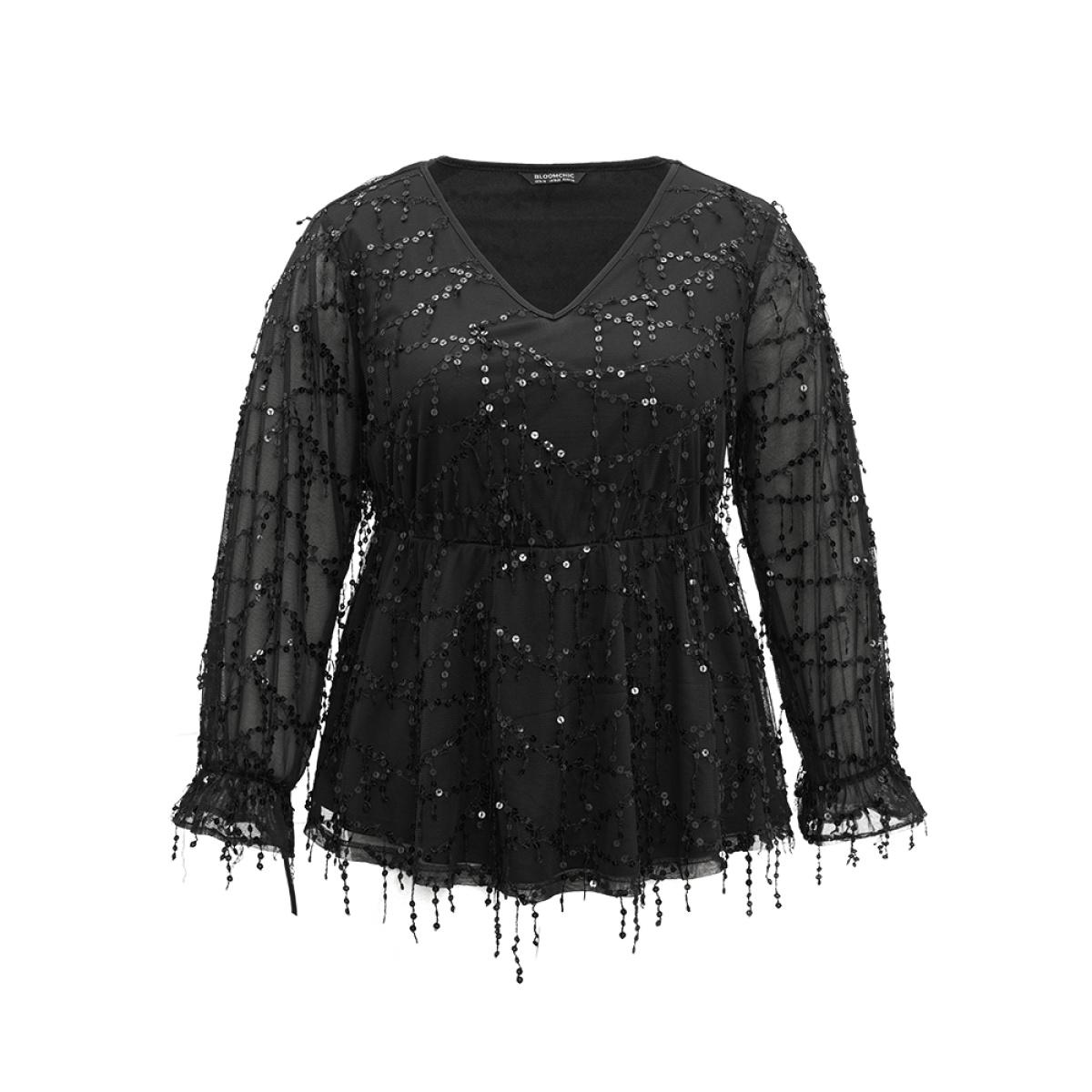 Plus Size Black Halloween Sequin Mesh Elastic Waist Patchwork Blouse Women Glamour Long Sleeve V-neck Festival-Halloween Blouses BloomChic 22-24/3X Product Image