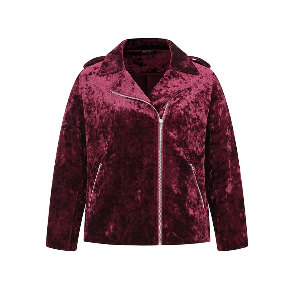 Plus Size Plain Velvet Asymmetrical Zipper Jacket Women Scarlet Lined Pocket Dailywear Jackets BloomChic 10/M Product Image