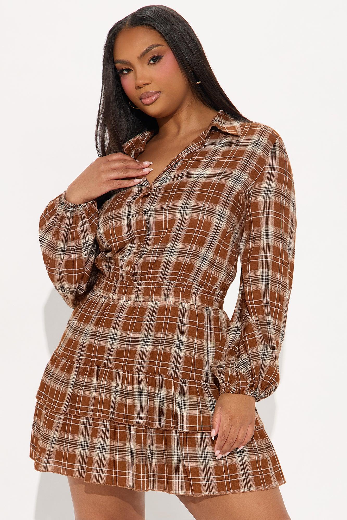 Country Sweetheart Plaid Shirt Mini Dress - Brown/combo Female Product Image