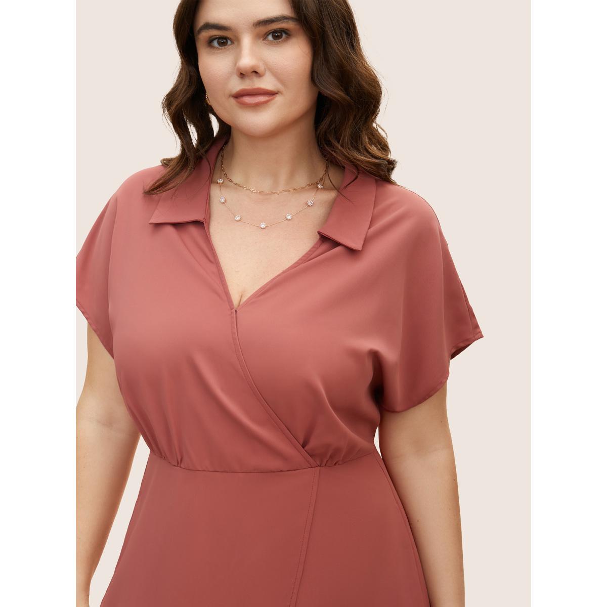 Plus Size Anti-Wrinkle Solid Shirt Collar Wrap Hem Dress Salmon Women At the Office Asymmetrical Shirt collar Short sleeve Curvy BloomChic 30/6X Product Image