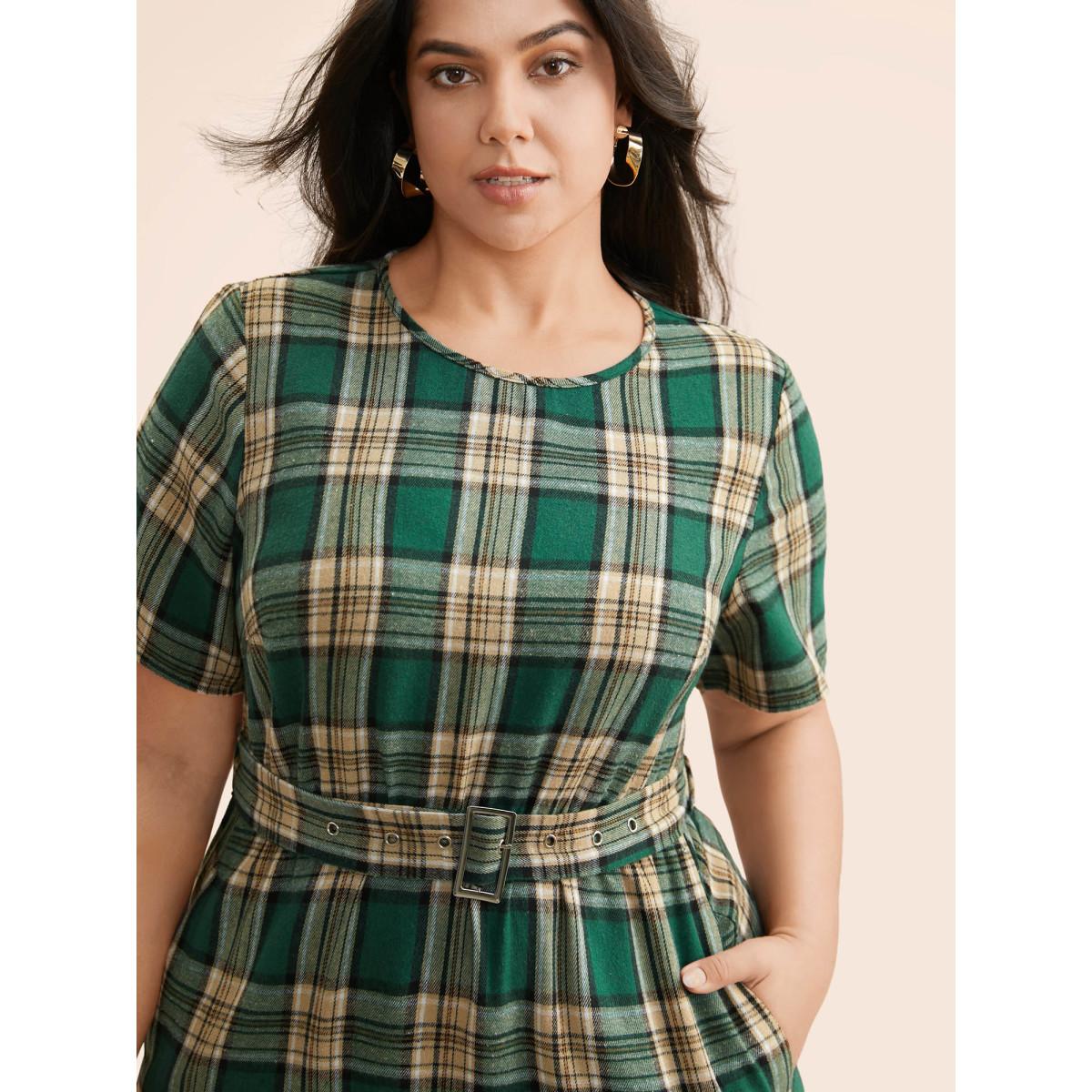 Plus Size Round Neck Plaid Belted Midi Dress DarkGreen Women Casual Belted Round Neck Short sleeve Curvy BloomChic 22-24/3X Product Image