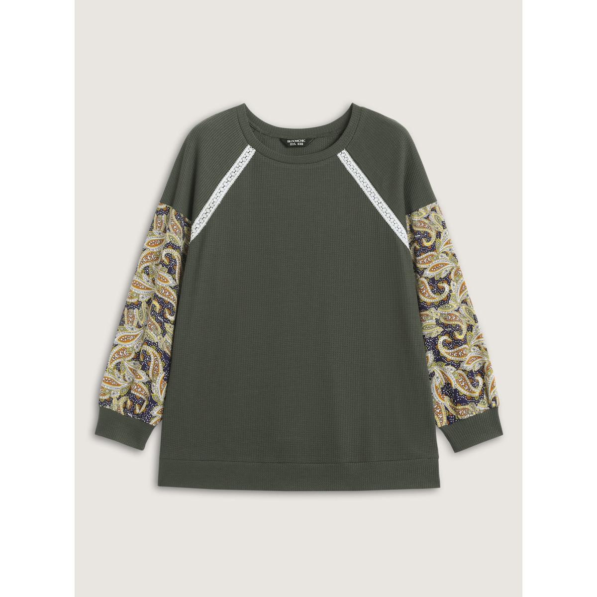 Plus Size Paisley Sleeve Textured Contrast Sweatshirt Women ArmyGreen Woven ribbon&lace trim Round Neck Casual Sweatshirts BloomChic 18-20/2X Product Image