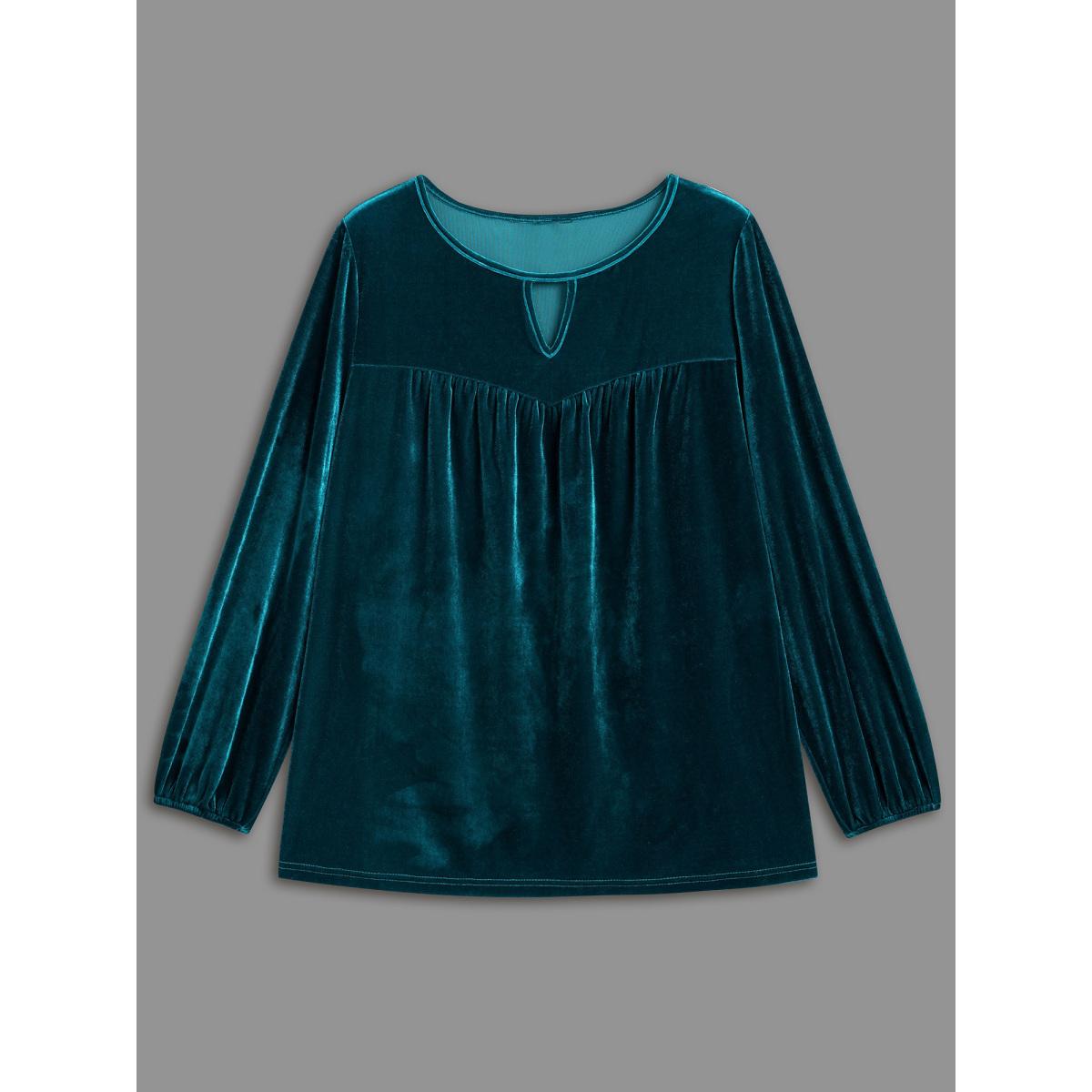Plus Size Aegean Plain Hollow Out Gathered Velvet Blouse Women Cocktail Long Sleeve Round Neck Party Blouses BloomChic 30/6X Product Image
