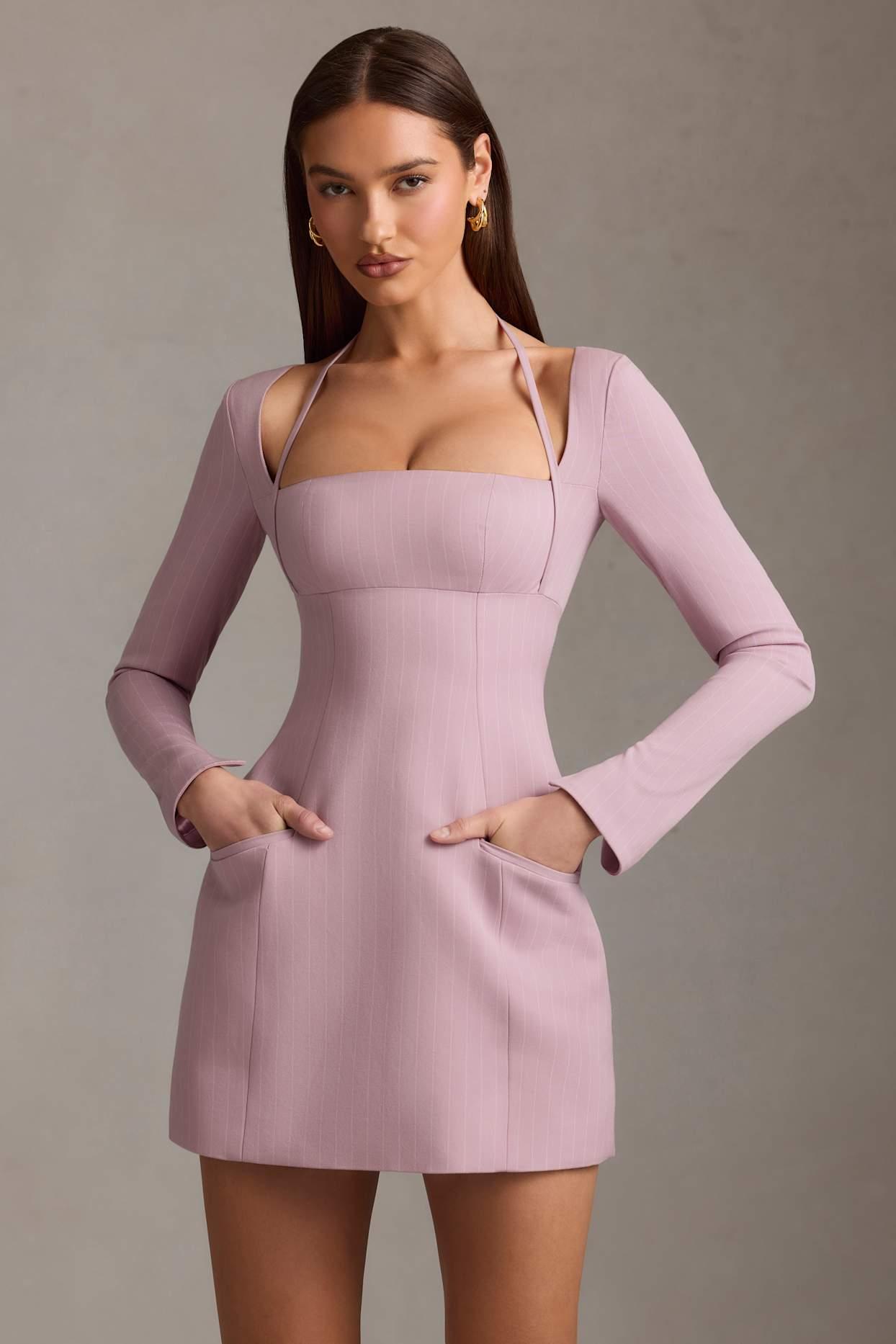 Pinstripe Structured A-Line Mini Dress in Mauve Product Image