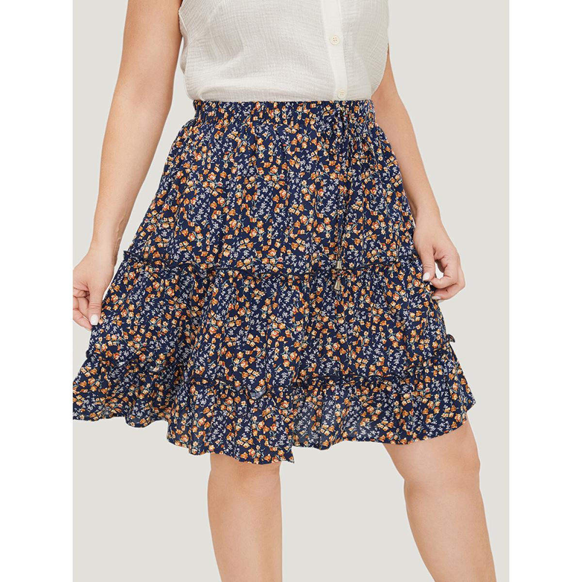 Plus Size Ditsy Floral Ruffle Hem Pocket Frill Trim Skirt Women Indigo Elegant Printed No stretch Dailywear Skirts BloomChic 26/4X Product Image