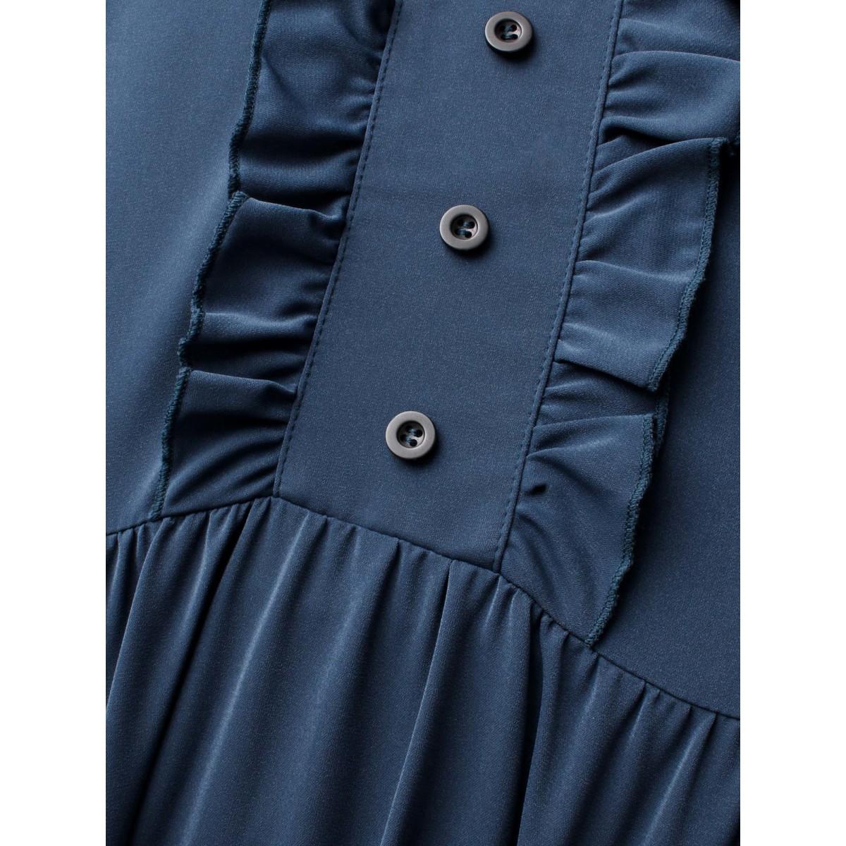 Plus Size Solid Ruffle Trim Elastic Waist Midi Dress DarkSlateGray Women Timeless Frill Trim V-neck Long Sleeve Curvy BloomChic 28/5X Product Image