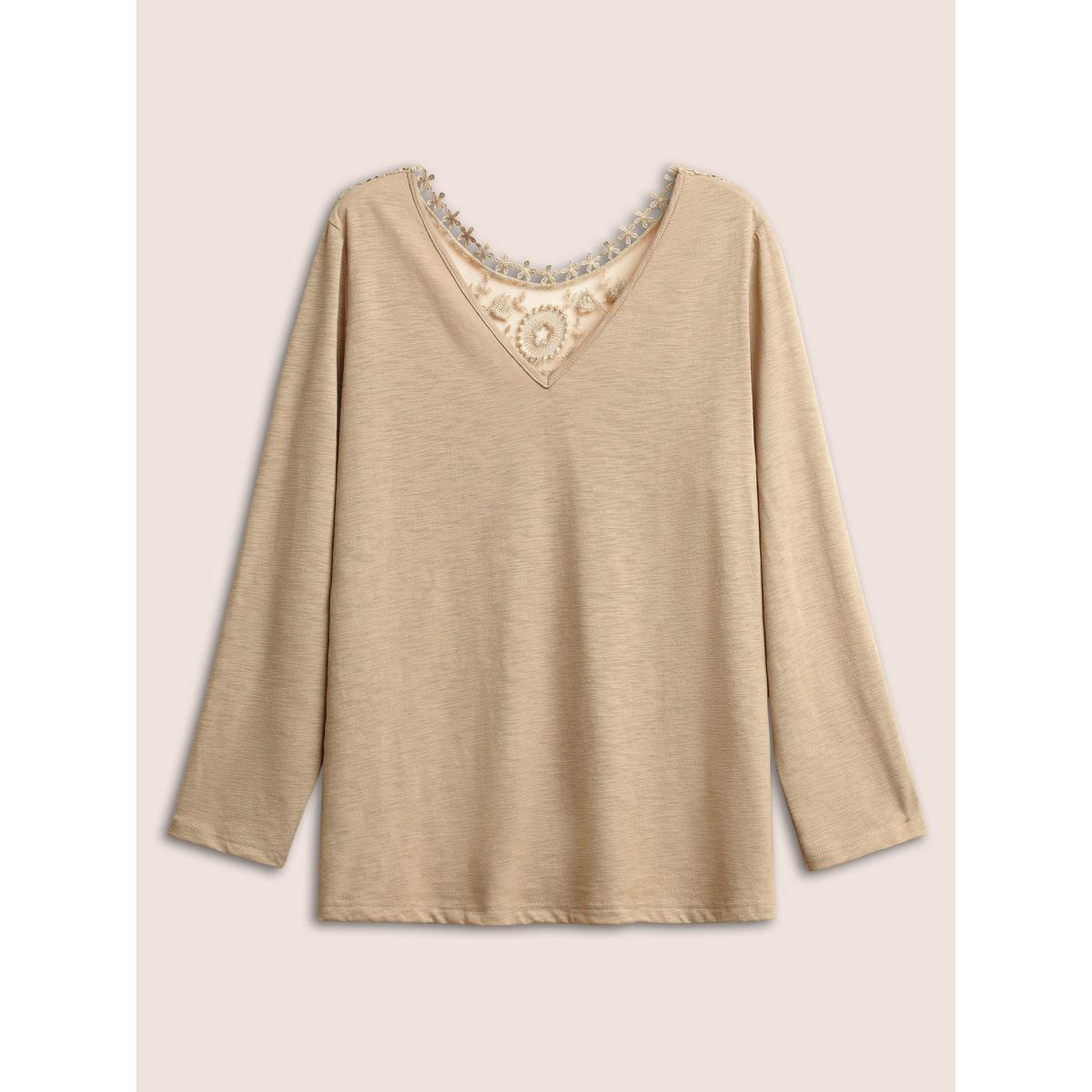 Plus Size Plain Heather Lace Mesh Patchwork T-shirt Tan Women Elegant Non Plain V-neck Everyday T-shirts BloomChic 28/5X Product Image