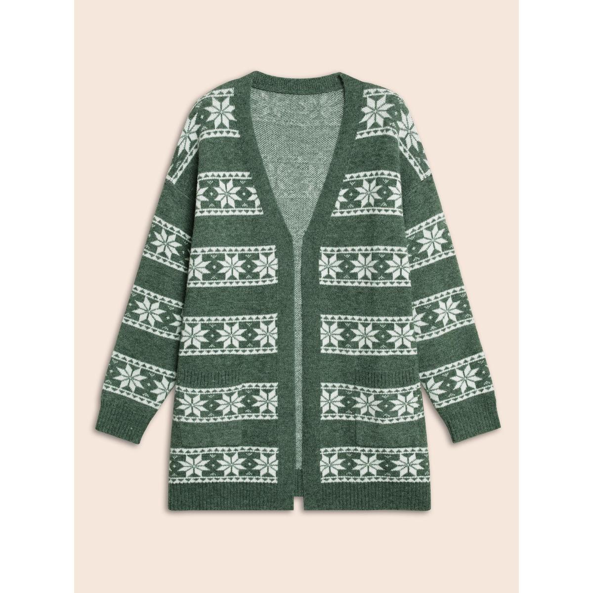 Plus Size Snowflakes Striped Jacquard Open Cardigan Emerald Women Casual Loose Long Sleeve Everyday Cardigans BloomChic 28/5X Product Image