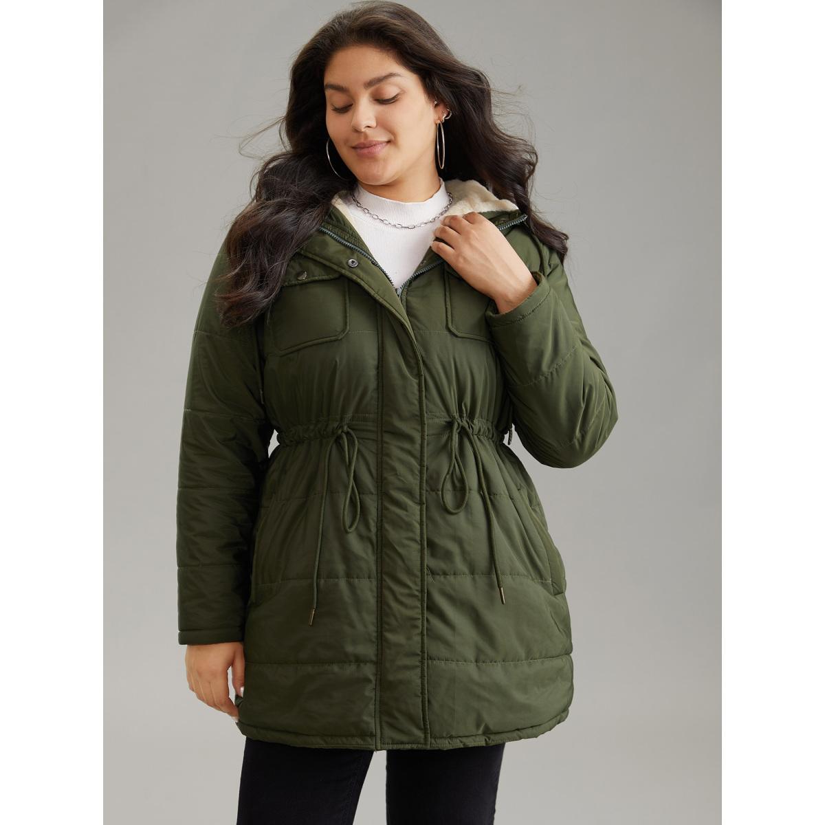 Plus Size Solid Drawstring Patchwork Fluffy Hooded Padded Coat Women ArmyGreen Casual Lined Ladies Dailywear Winter Coats BloomChic 10/M Product Image