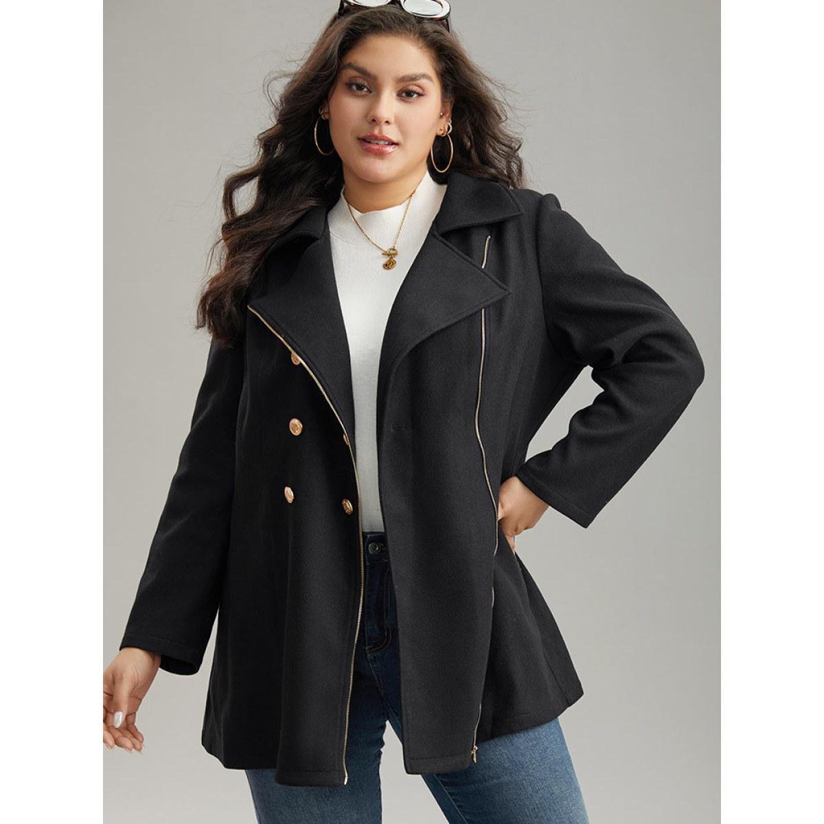 Plus Size Asymmetrical Neck Buckle Detail Zipper Coat Women Black Casual Texture Ladies Dailywear Winter Coats BloomChic 22-24/3X Product Image