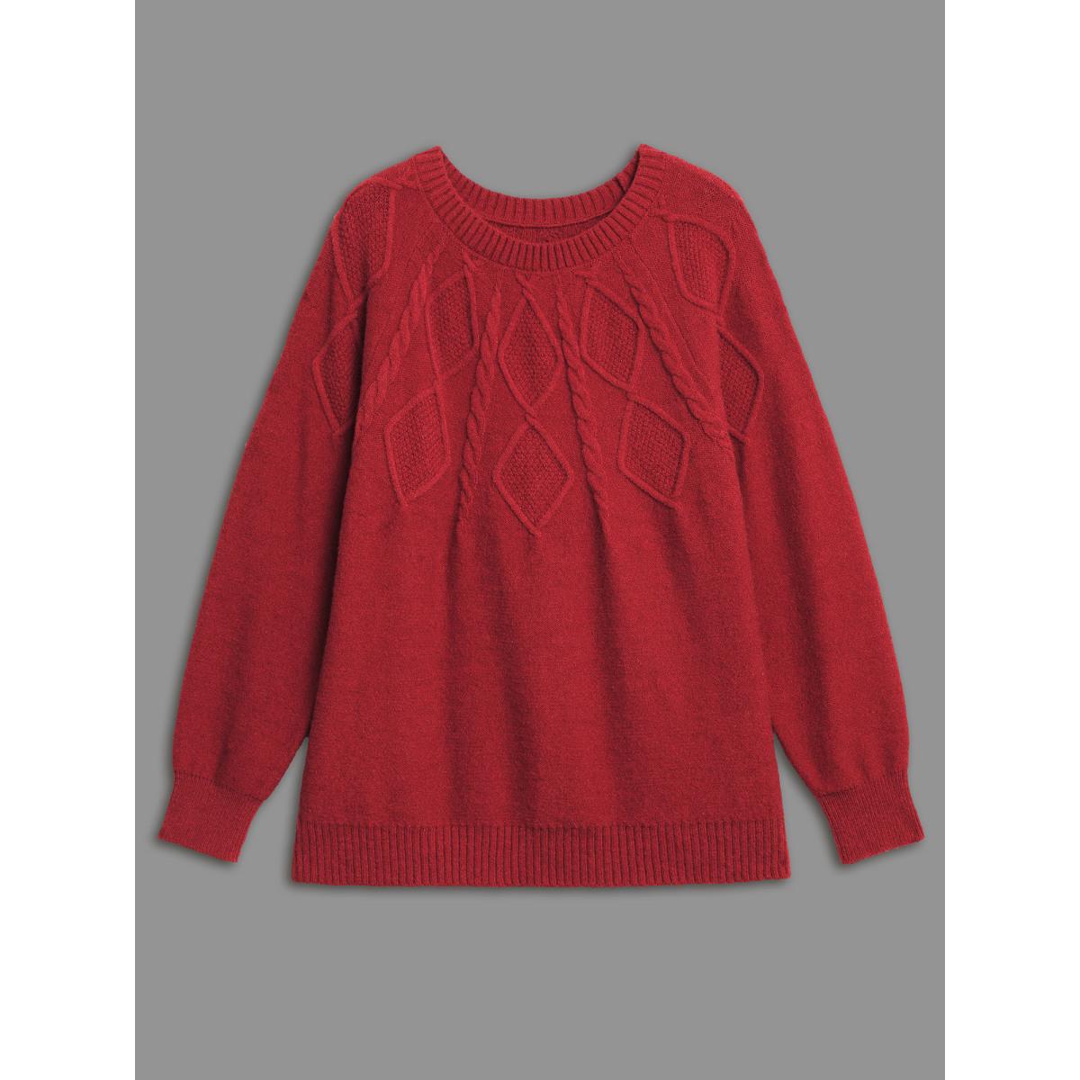 Plus Size Cable Knit Bodice Crew-Neck Pullover Brightred Women Leisure Loose Long Sleeve Round Neck Casual Pullovers BloomChic 22-24/3X Product Image