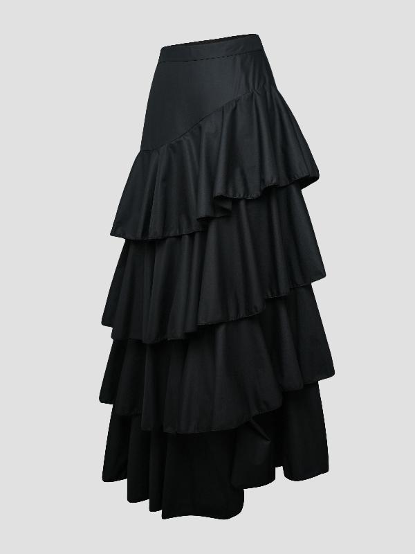 A-Line High Waisted Falbala Solid Color Long Skirts Skirts Bottoms Product Image