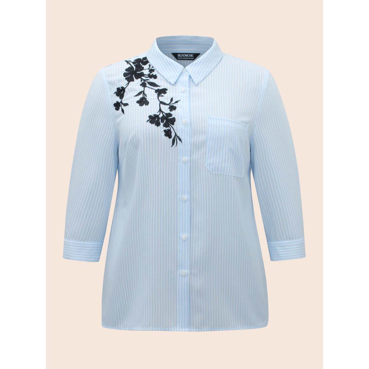 Plus Size LightBlue Floral Embroidered Striped Patched Pocket Blouse Women Elegant Elbow-length sleeve Shirt collar Everyday Blouses BloomChic 28/5X Product Image